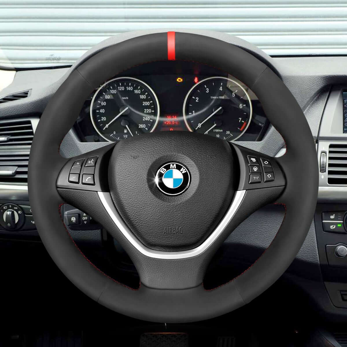 MEWANT Suede Athsuede Car Steering Wheel Cover for BMW X5 E70 2006 - 2013 X6 E71 2008 - 2014 / E72 (ActiveHybrid X6) 2009 - 2010 - Alcantara, Leather, Carbon Fiber, Easy Install, Non - Slip, Best Steering Wheel Cover