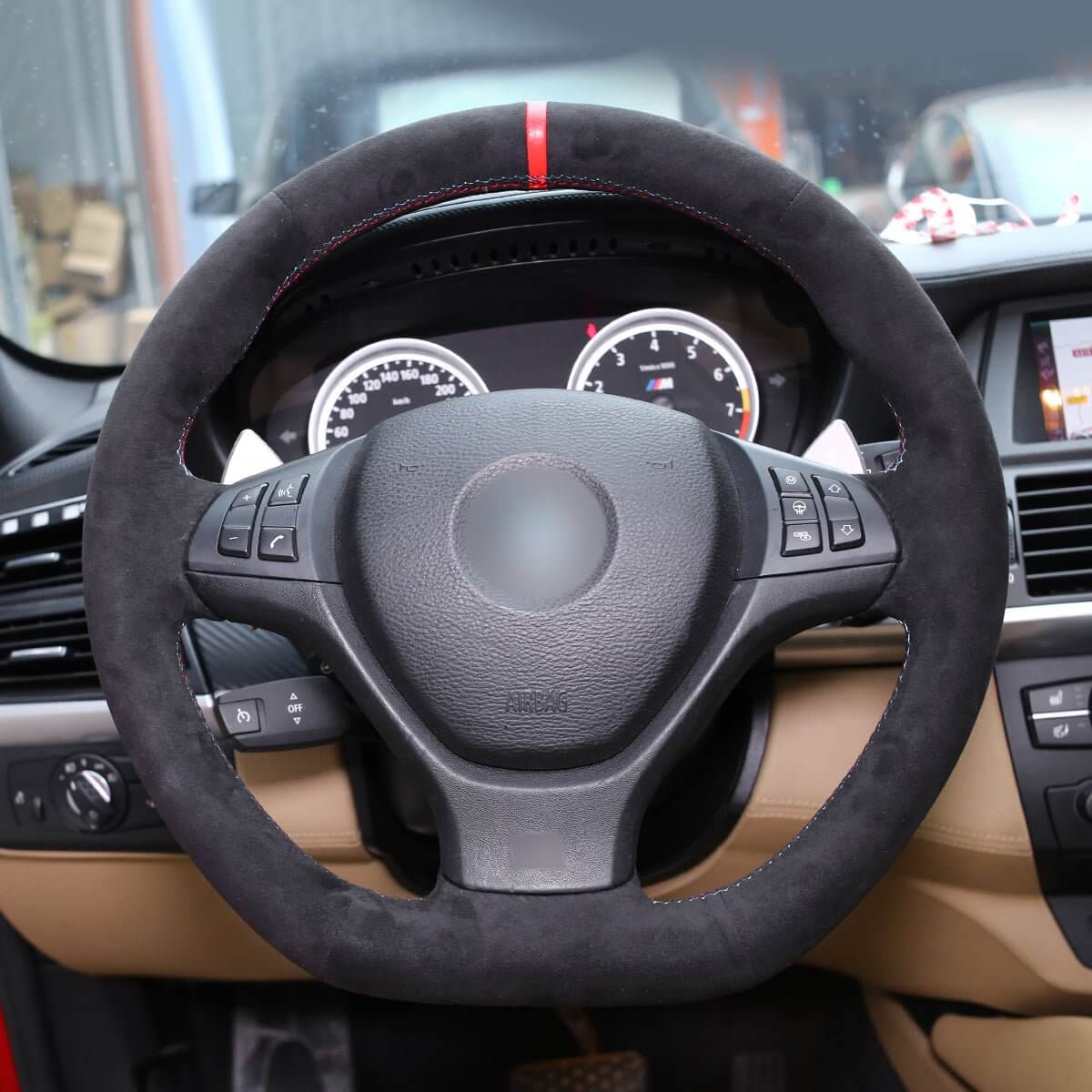 MEWANT Suede Athsuede Car Steering Wheel Cover for BMW X5 E70 2006 - 2013 X6 E71 2008 - 2014 / E72 (ActiveHybrid X6) 2009 - 2010 - Alcantara, Leather, Carbon Fiber, Easy Install, Non - Slip, Best Steering Wheel Cover