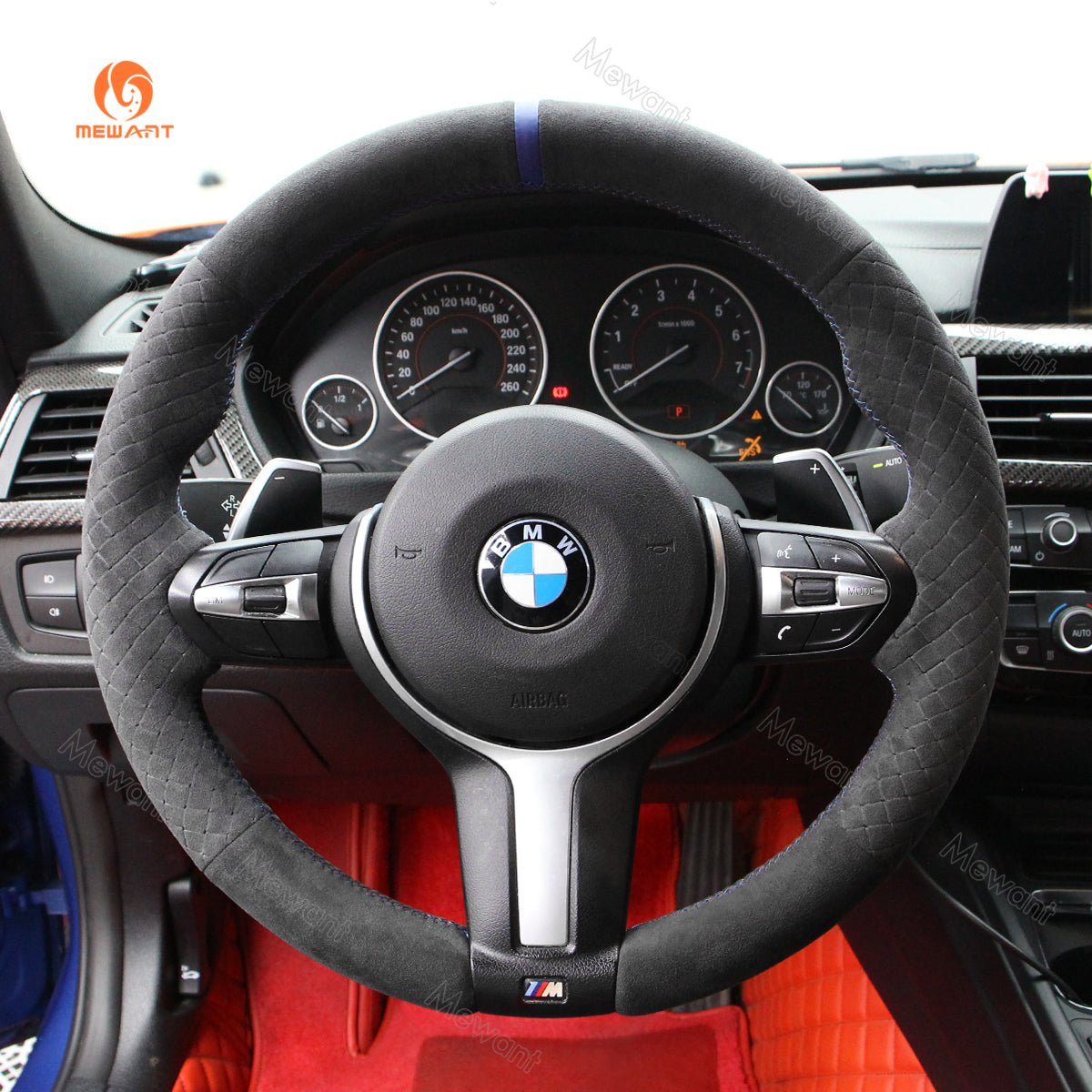 MEWANT Suede or Alcantara Car Steering Wheel Cover for BMW M Sport F30 F31 F34 F10 F11 F07 / F12 F13 F06 X3 F25 X4 F26 X5 F15 F16 F45 F46 F22 F23 - Alcantara, Leather, Carbon Fiber, Easy Install, Non - Slip, Best Steering Wheel Cover