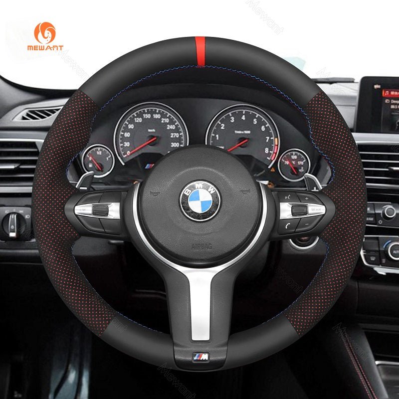 MEWANT Suede or Alcantara Car Steering Wheel Cover for BMW M Sport F30 F31 F34 F10 F11 F07 / F12 F13 F06 X3 F25 X4 F26 X5 F15 F16 F45 F46 F22 F23 - Alcantara, Leather, Carbon Fiber, Easy Install, Non - Slip, Best Steering Wheel Cover
