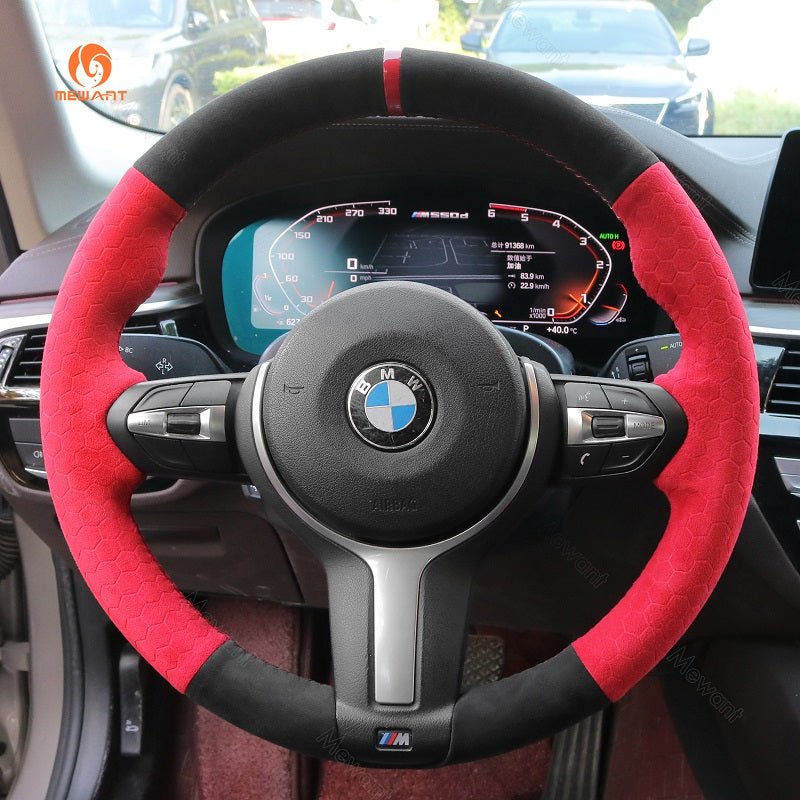 MEWANT Suede or Alcantara Car Steering Wheel Cover for BMW M Sport F30 F31 F34 F10 F11 F07 / F12 F13 F06 X3 F25 X4 F26 X5 F15 F16 F45 F46 F22 F23 - Alcantara, Leather, Carbon Fiber, Easy Install, Non - Slip, Best Steering Wheel Cover