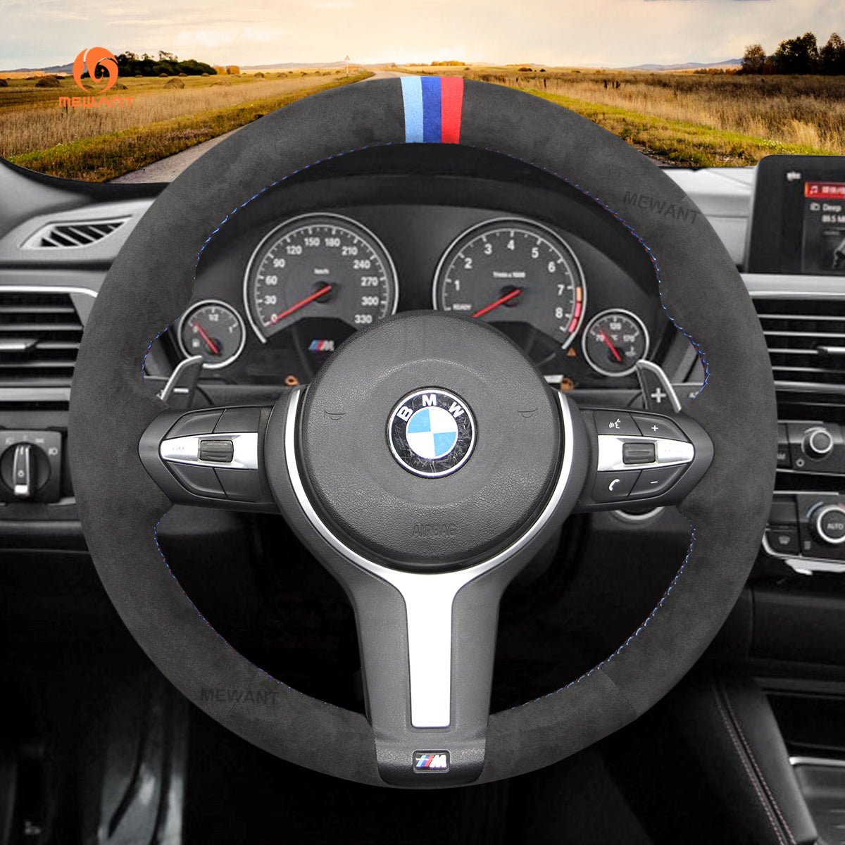MEWANT Suede or Alcantara Car Steering Wheel Cover for BMW M Sport F30 F31 F34 F10 F11 F07 / F12 F13 F06 X3 F25 X4 F26 X5 F15 F16 F45 F46 F22 F23 - Alcantara, Leather, Carbon Fiber, Easy Install, Non - Slip, Best Steering Wheel Cover