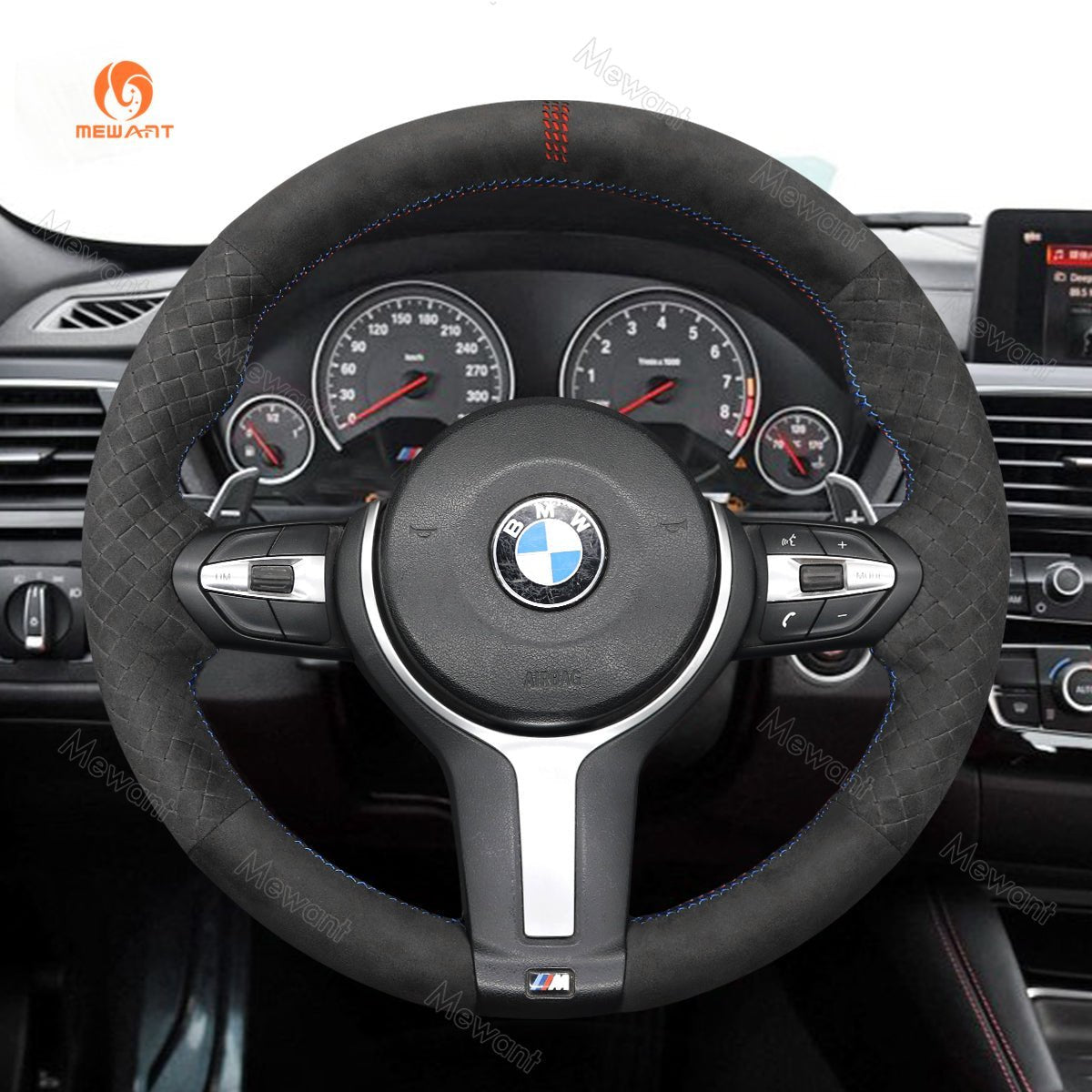 MEWANT Suede or Alcantara Car Steering Wheel Cover for BMW M Sport F30 F31 F34 F10 F11 F07 / F12 F13 F06 X3 F25 X4 F26 X5 F15 F16 F45 F46 F22 F23 - Alcantara, Leather, Carbon Fiber, Easy Install, Non - Slip, Best Steering Wheel Cover