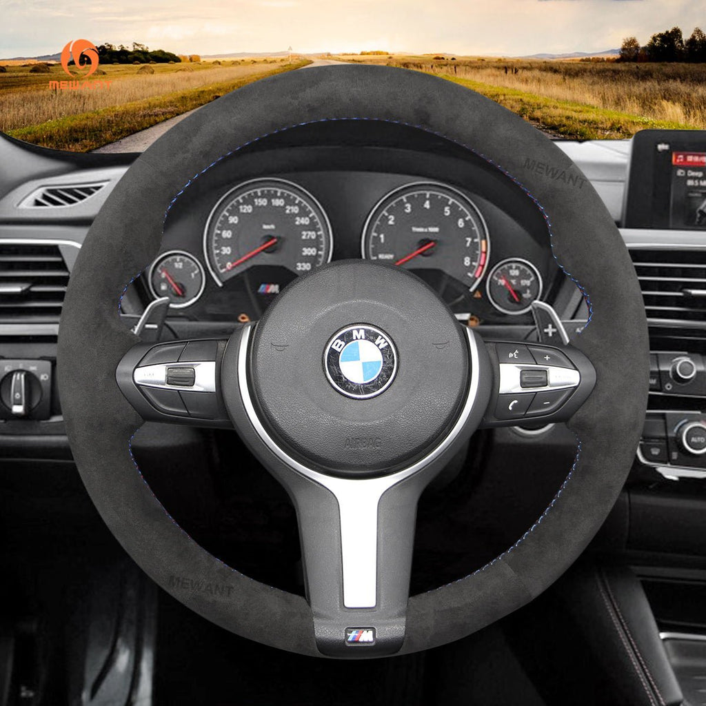 MEWANT Suede or Alcantara Car Steering Wheel Cover for BMW M Sport F30 F31 F34 F10 F11 F07 / F12 F13 F06 X3 F25 X4 F26 X5 F15 F16 F45 F46 F22 F23 - Alcantara, Leather, Carbon Fiber, Easy Install, Non - Slip, Best Steering Wheel Cover