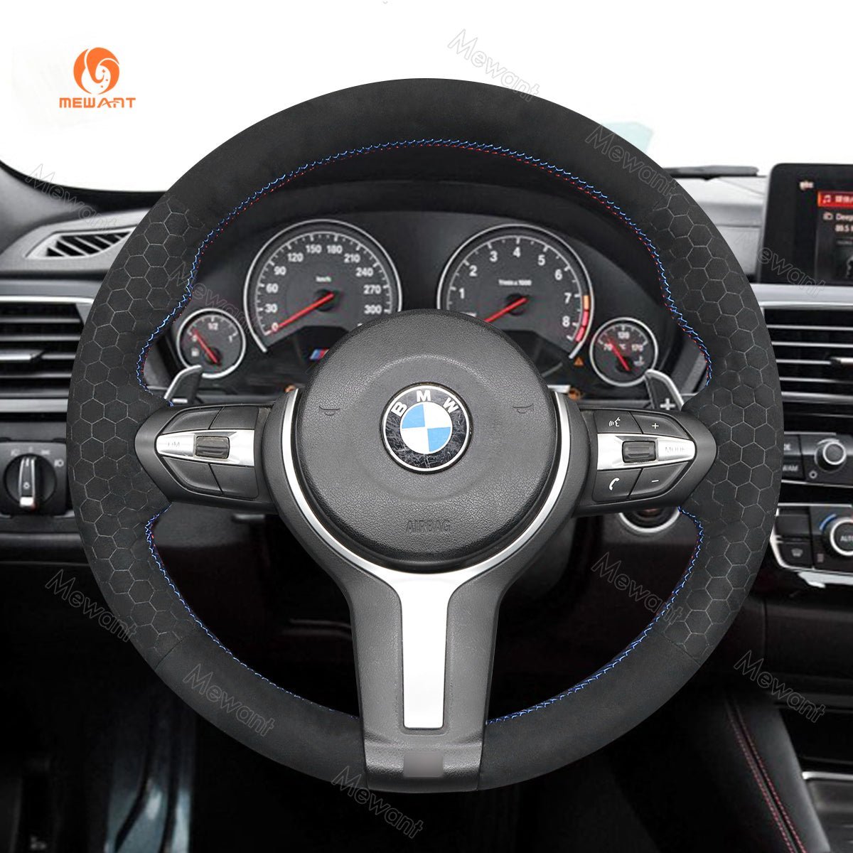 MEWANT Suede or Alcantara Car Steering Wheel Cover for BMW M Sport F30 F31 F34 F10 F11 F07 / F12 F13 F06 X3 F25 X4 F26 X5 F15 F16 F45 F46 F22 F23 - Alcantara, Leather, Carbon Fiber, Easy Install, Non - Slip, Best Steering Wheel Cover
