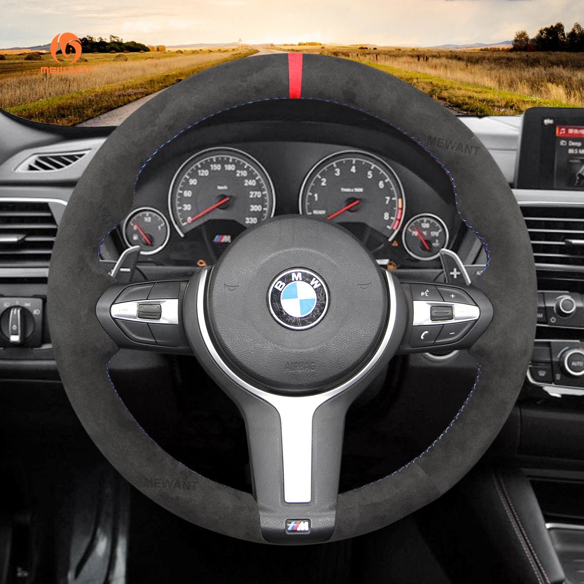 MEWANT Suede or Alcantara Car Steering Wheel Cover for BMW M Sport F30 F31 F34 F10 F11 F07 / F12 F13 F06 X3 F25 X4 F26 X5 F15 F16 F45 F46 F22 F23 - Alcantara, Leather, Carbon Fiber, Easy Install, Non - Slip, Best Steering Wheel Cover