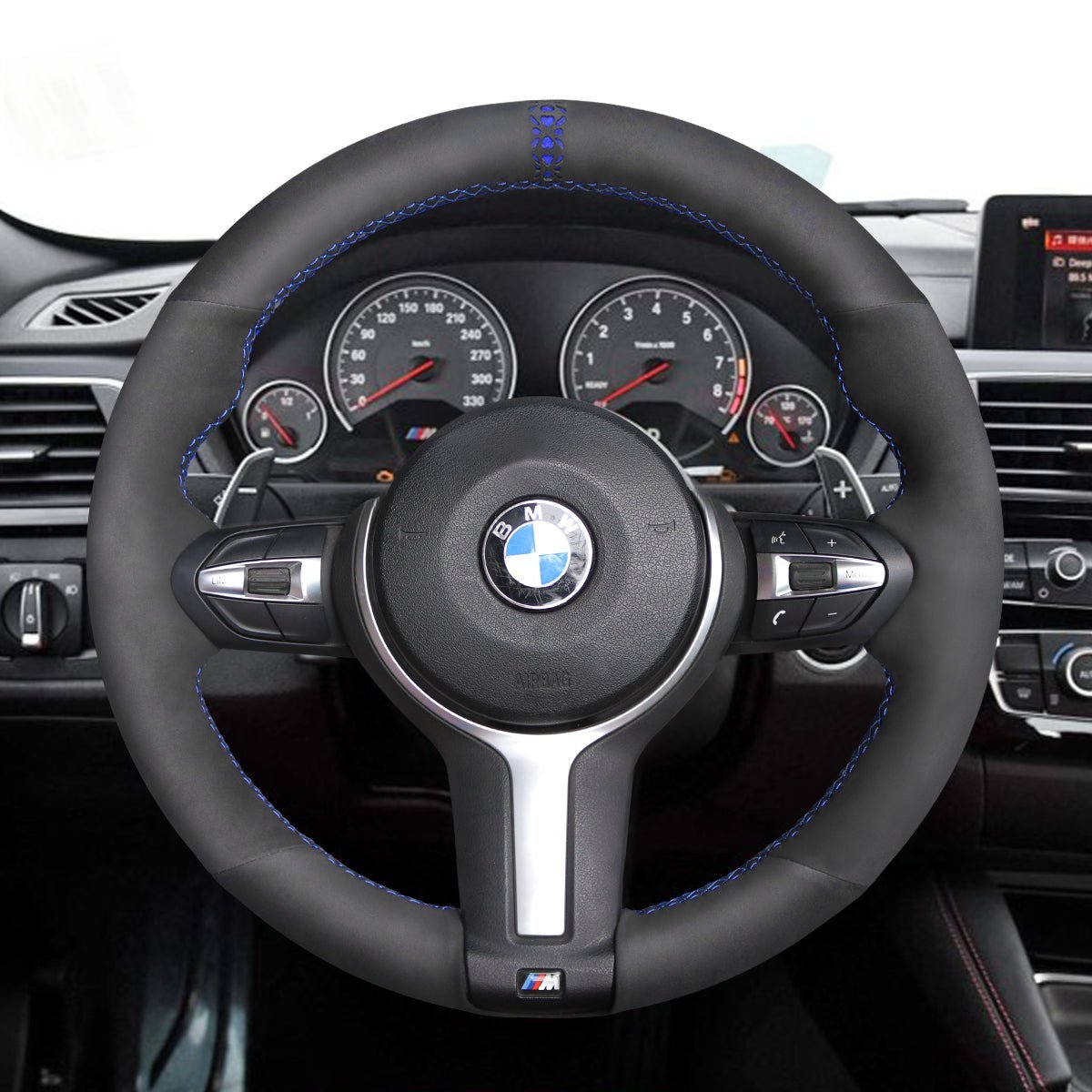 MEWANT Suede or Alcantara Car Steering Wheel Cover for BMW M Sport F30 F31 F34 F10 F11 F07 / F12 F13 F06 X3 F25 X4 F26 X5 F15 F16 F45 F46 F22 F23 - Alcantara, Leather, Carbon Fiber, Easy Install, Non - Slip, Best Steering Wheel Cover
