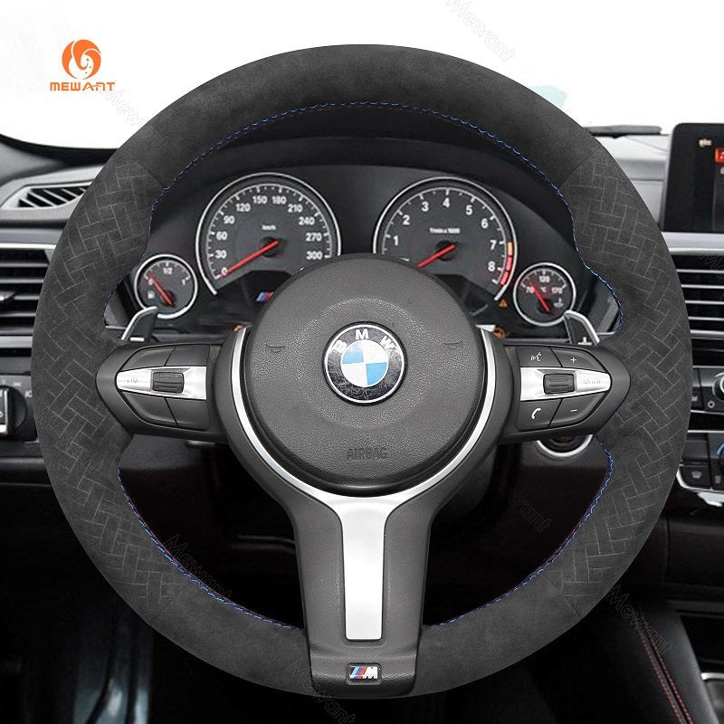 MEWANT Suede or Alcantara Car Steering Wheel Cover for BMW M Sport F30 F31 F34 F10 F11 F07 / F12 F13 F06 X3 F25 X4 F26 X5 F15 F16 F45 F46 F22 F23 - Alcantara, Leather, Carbon Fiber, Easy Install, Non - Slip, Best Steering Wheel Cover