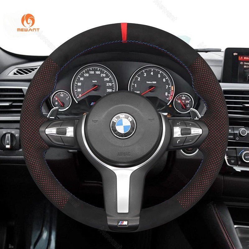 MEWANT Suede or Alcantara Car Steering Wheel Cover for BMW M Sport F30 F31 F34 F10 F11 F07 / F12 F13 F06 X3 F25 X4 F26 X5 F15 F16 F45 F46 F22 F23 - Alcantara, Leather, Carbon Fiber, Easy Install, Non - Slip, Best Steering Wheel Cover