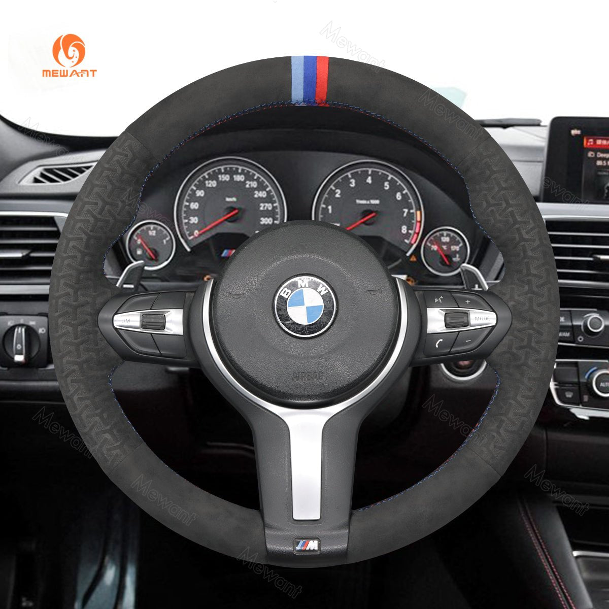 MEWANT Suede or Alcantara Car Steering Wheel Cover for BMW M Sport F30 F31 F34 F10 F11 F07 / F12 F13 F06 X3 F25 X4 F26 X5 F15 F16 F45 F46 F22 F23 - Alcantara, Leather, Carbon Fiber, Easy Install, Non - Slip, Best Steering Wheel Cover