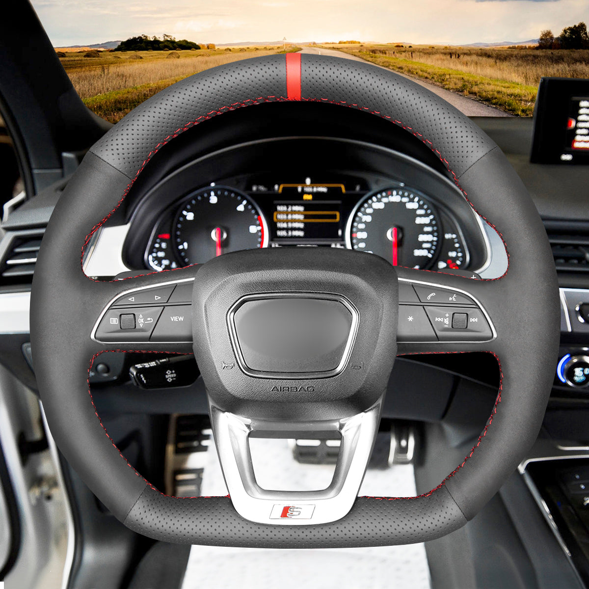 MEWANT Hand Stitch Black Leather Car Steering Wheel Cover for Audi Q3 2018-2019 Q5 SQ5 2017-2019 Q7 SQ7 2015-2019 Q8 SQ8 2018-2019