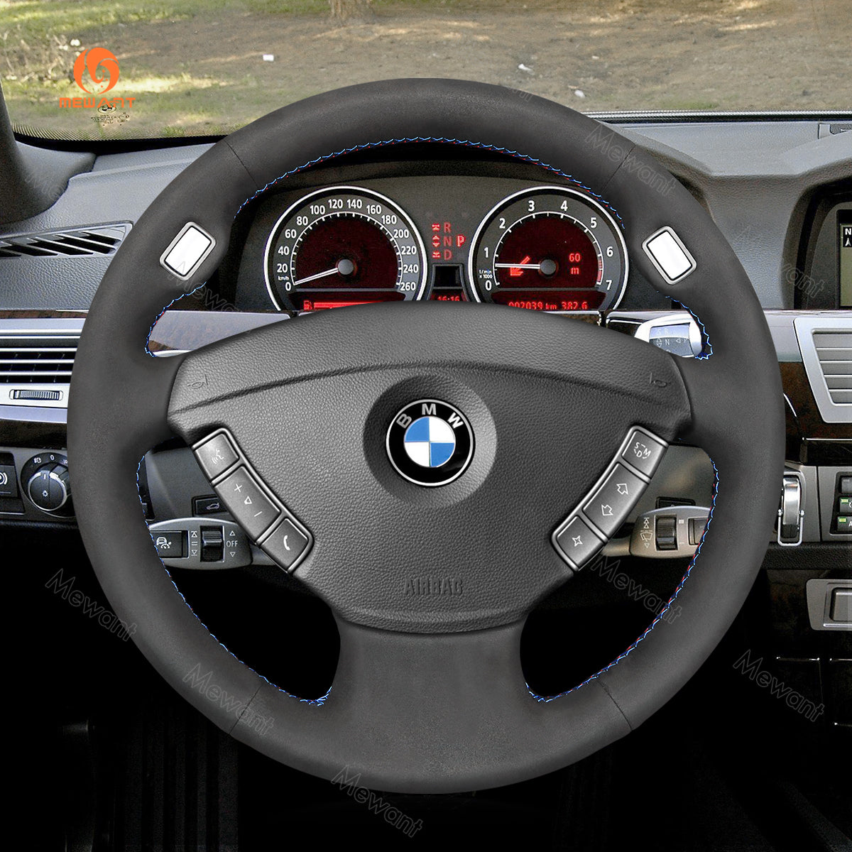 MEWANT Hand Stitch Car Steering Wheel Cover for BMW 7 Series (E65/E66) 2001-2008