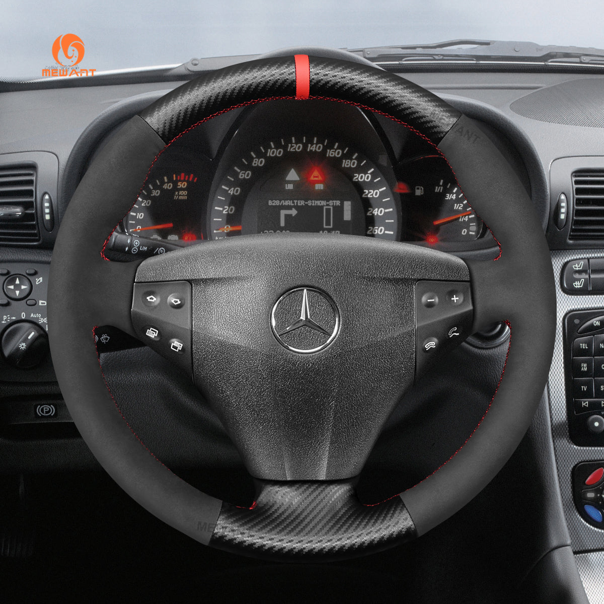 MEWANT Carbon Fiber Suede Car Steering Wheel Cover for Mercedes-Benz C-Class W203 Kompressor 2001-2004