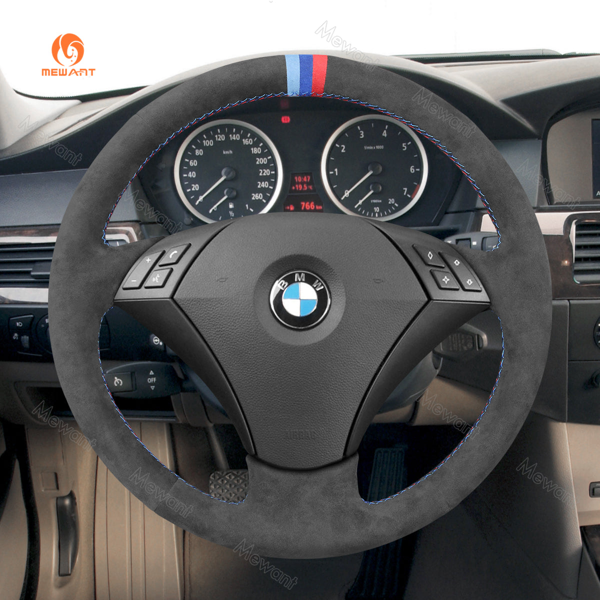 MEWANT Hand Stitch Dark Grey Alcantara Car Steering Wheel Cover for BMW 5 Series E60 E61 2003-2010