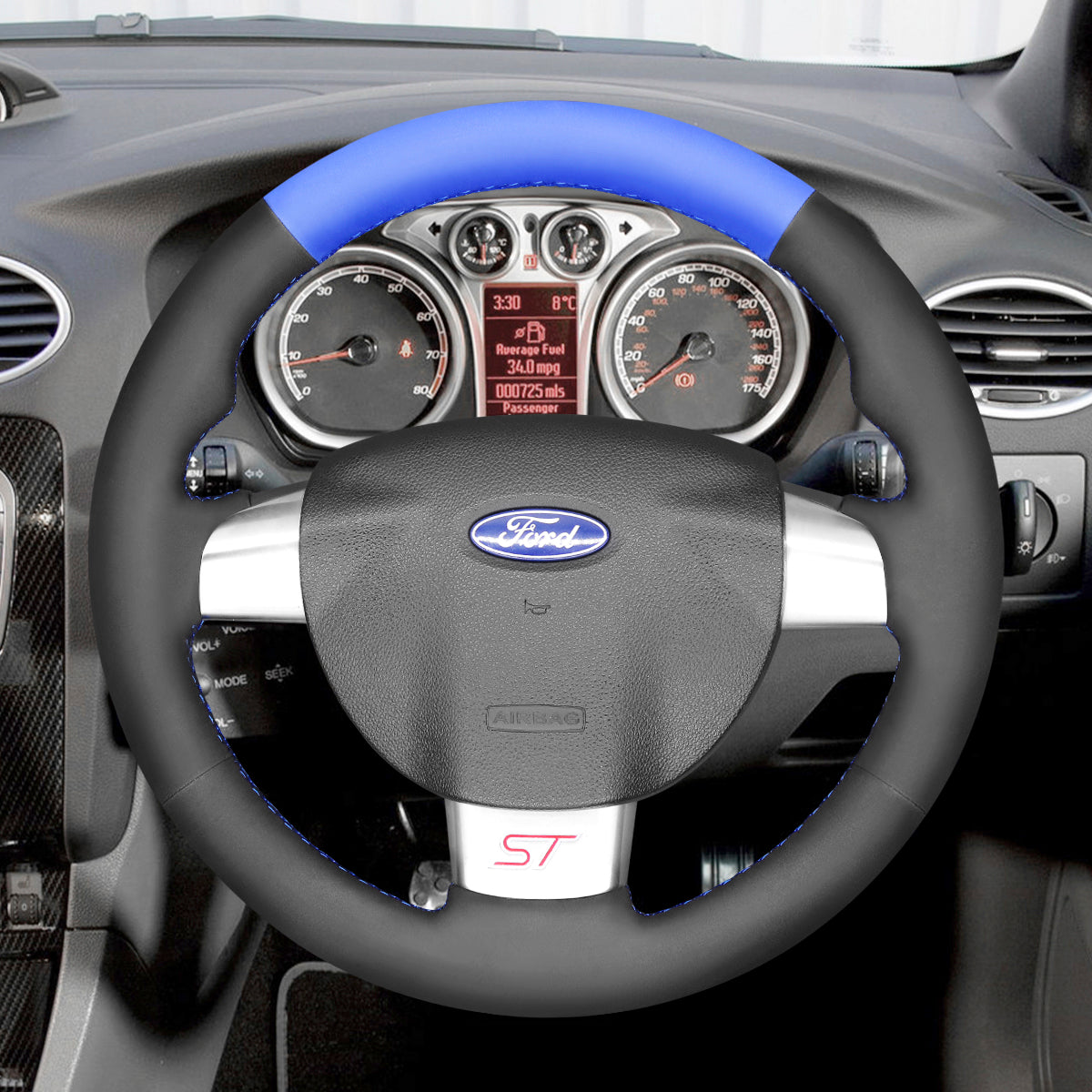 MEWANT Hand Stitch Black Blue Leather Suede Car Steering Wheel Cover for Ford Focus ST 2005-2012 / Focus RS 2009-2011