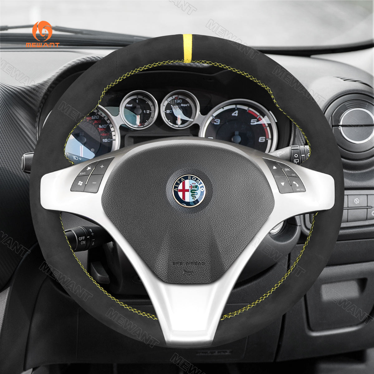MEWANT Carbon Fiber Suede Athsuede Car Steering Wheel Cover for Alfa Romeo Giulietta 2010-2014 / MiTo 2008-2015