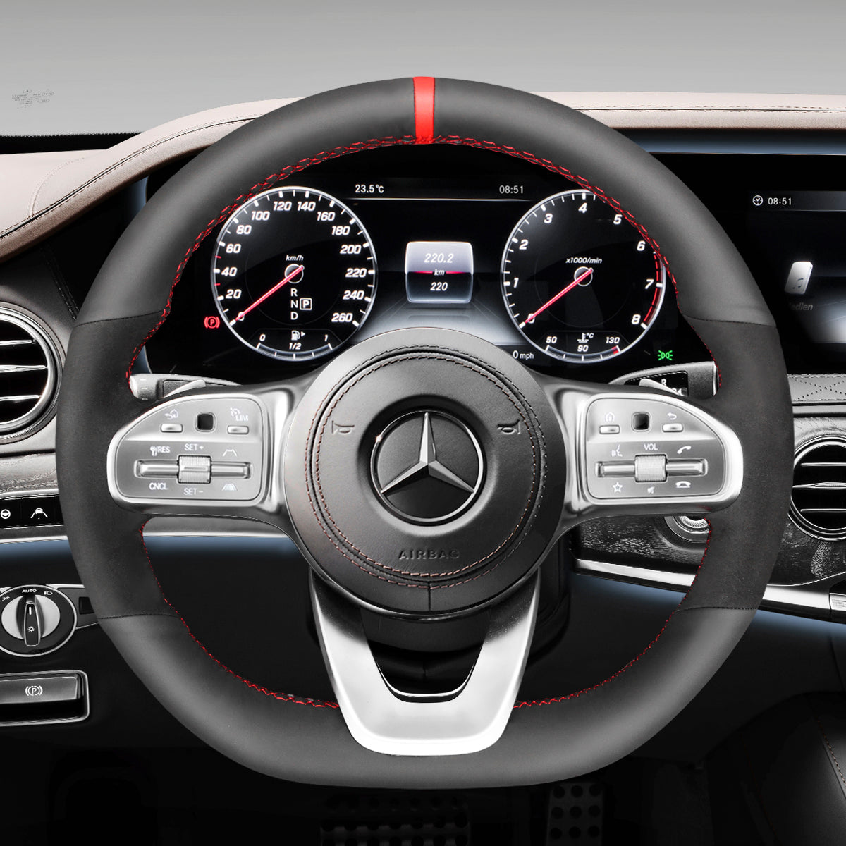 MEWANT Hand Stitch Black Leather Suede Car Steering Wheel Cover for Mercedes Benz W177 W205 C118 C257 W213 W463 H247 X247 W167 W222