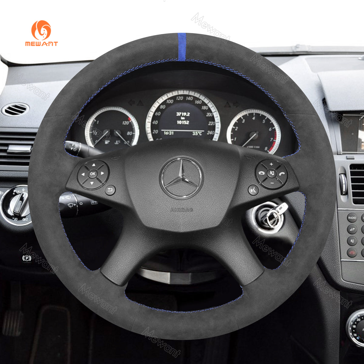 MEWANT Hand Stitch Dark Grey Alcantara Black Suede Car Steering Wheel Cover for Mercedes Benz C-Class W204 2007-2011