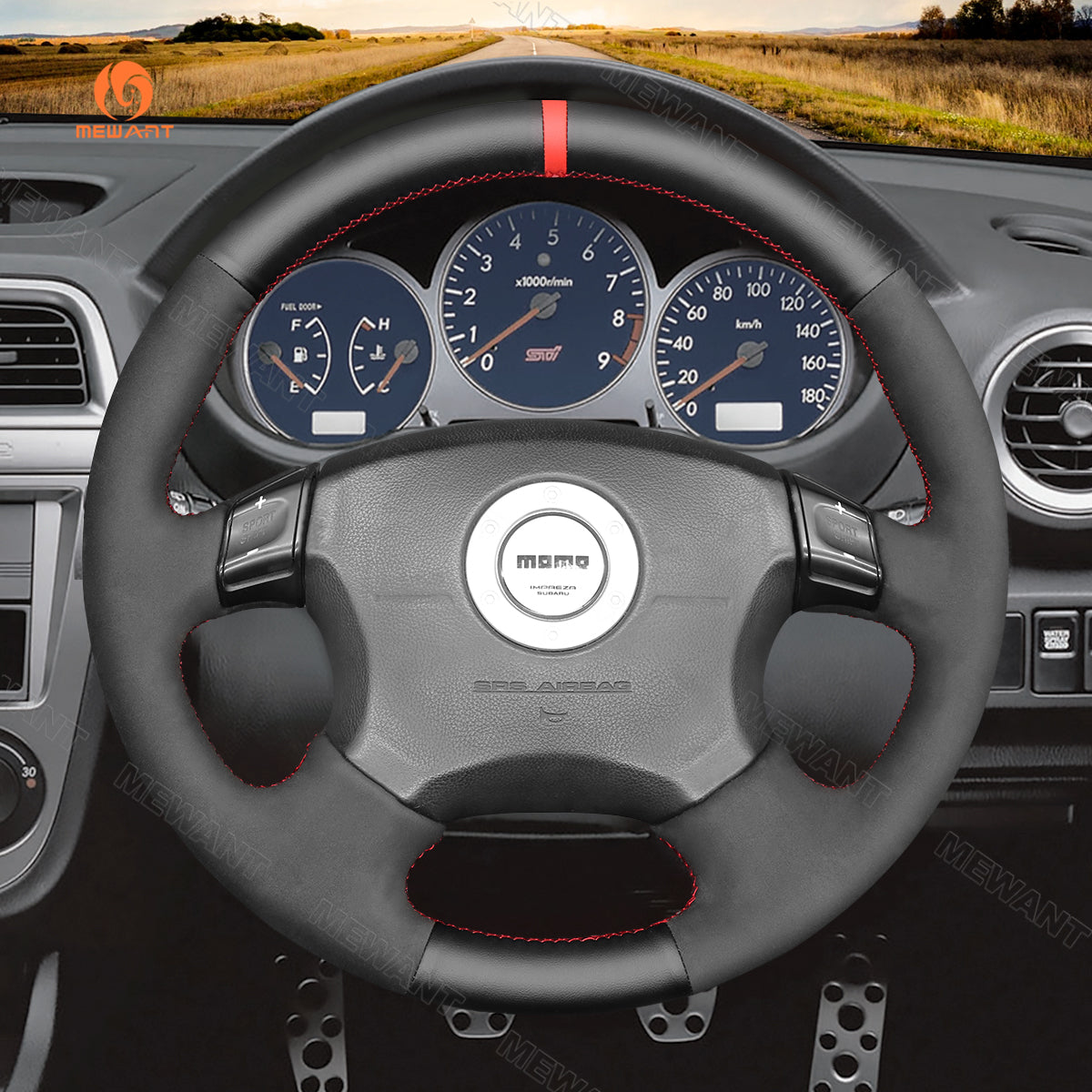 MEWANT Hand Stitch Black Leather Suede Car Steering Wheel Cover for Subaru Impreza WRX 2002-2004