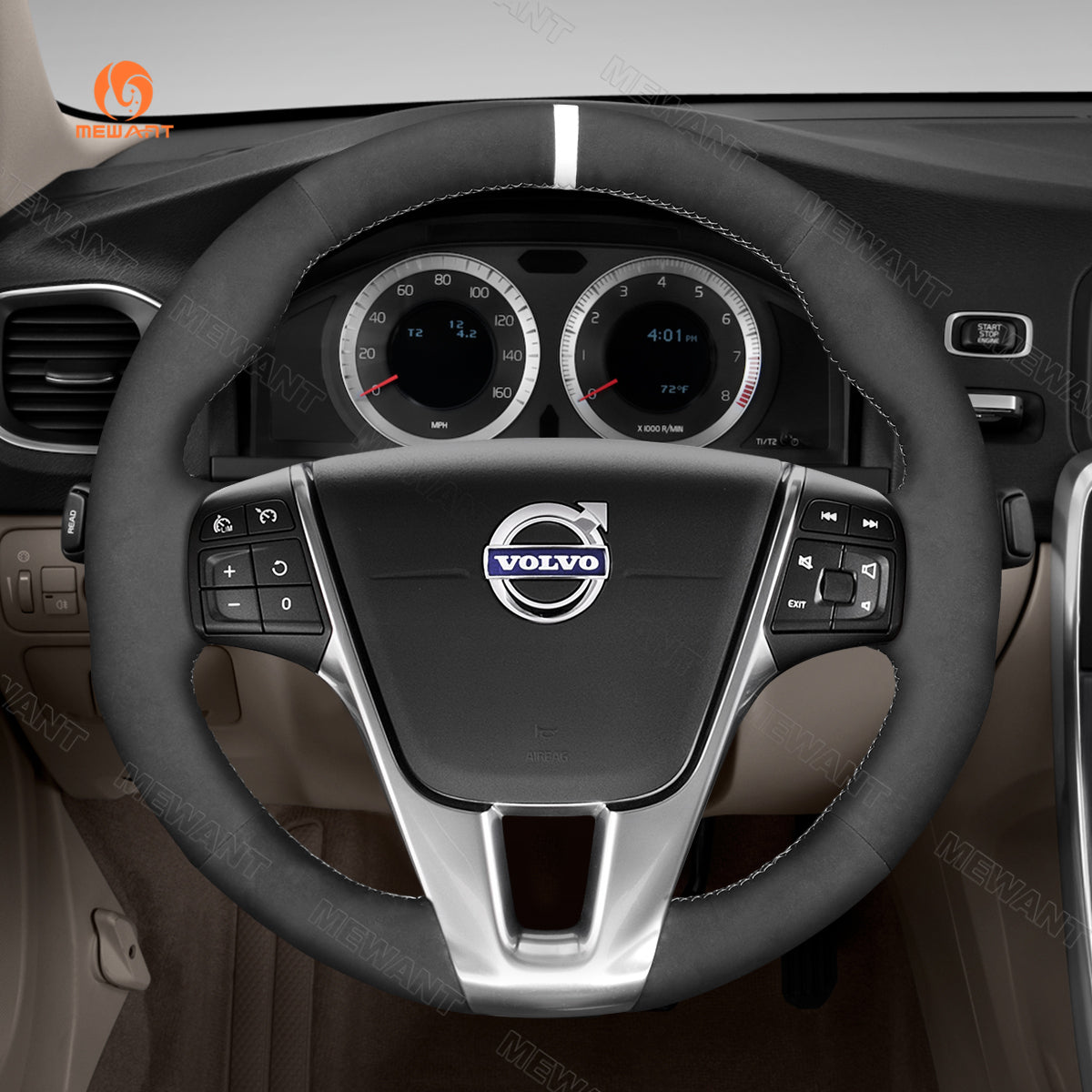 MEWANT Hand Stitch Black Suede Car Steering Wheel Cover for Volvo S60 / V40 / V60 / V70 / 2014 XC60