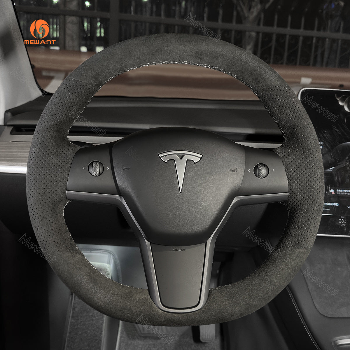 MEWANT Hand Stitch Alcantara Car Steering Wheel Cover for Tesla Model 3 2017-2020 / Model Y 2020-2021