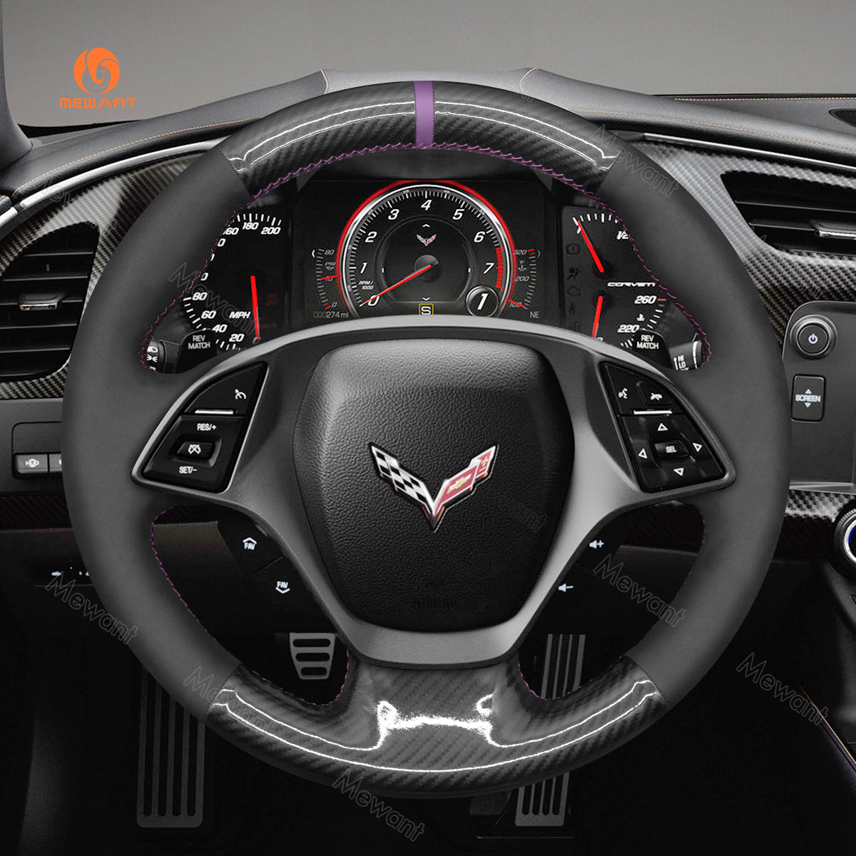 MEWANT Hand Stitch Black Suede Car Steering for Chevrolet Corvette (C7) 2014-2015