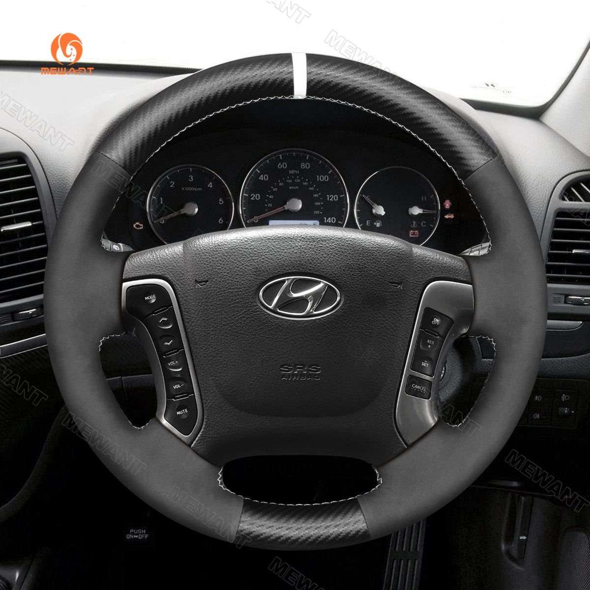 MEWANT Hand Stitch Carbon Fiber Suede Car Steering Wheel Cover for Hyundai Santa Fe 2007-2012