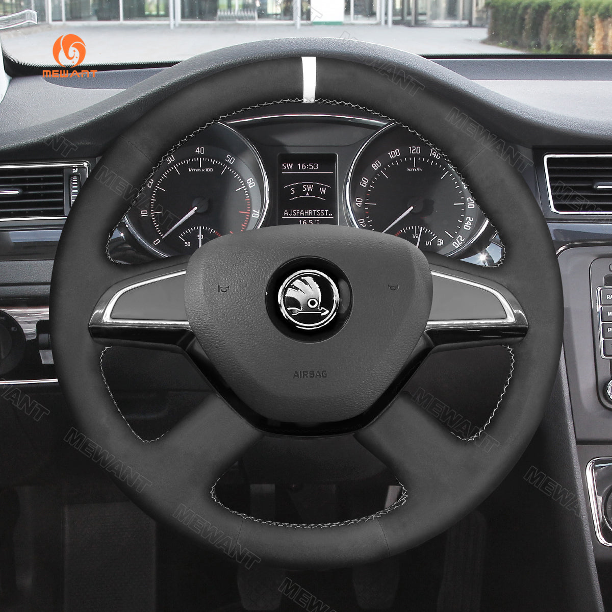 MEWANT Hand Stitch Black Suede Car Steering Wheel Cover for Skoda Citigo Fabia Superb Roomster Rapid Octavia