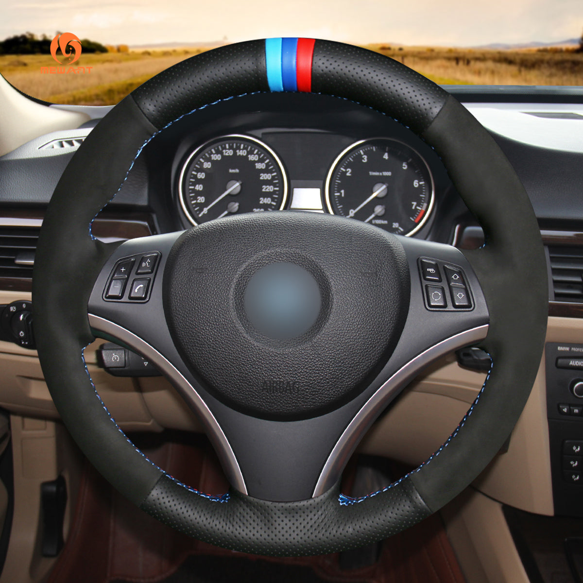 MEWANT Hand Stitch Black Suede Leather Carbon Fiber Car Steering Wheel Cover for BMW 1 Series E81 E82 E87 E88 2008-2012 / 3 Series E90 E91 E92 E93 2006-2011