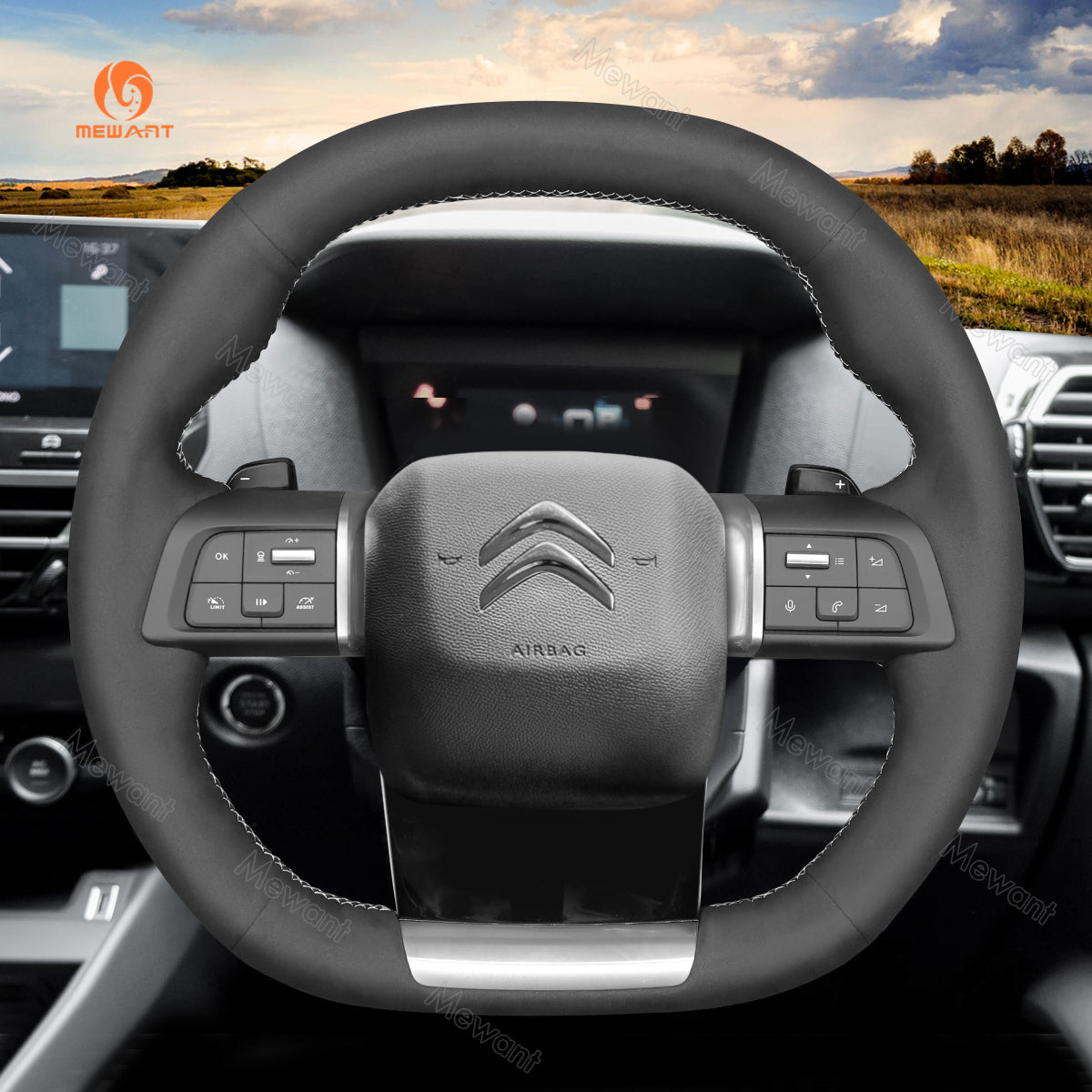 MEWANT Hand Stitch Black Suede Car Steering Wheel Cover for Citroen C4 2020-2022 / C5 X 2022