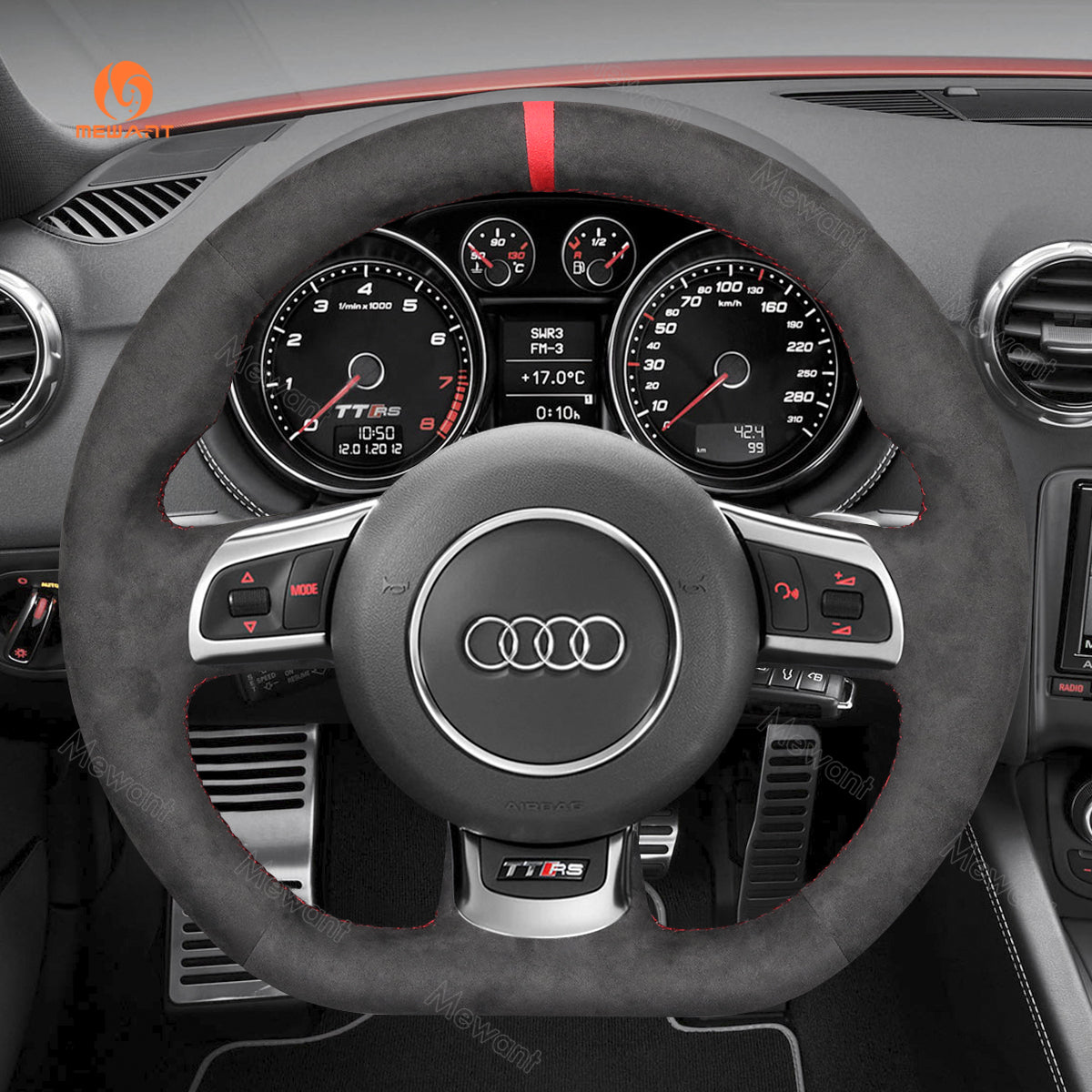 MEWANT Hand Stitch Black Leather Suede Car Steering Wheel Cover for Audi TT RS (8J) / RS 3 (8P) Sportback / RS 6 (C6) Avant / R8 (42)