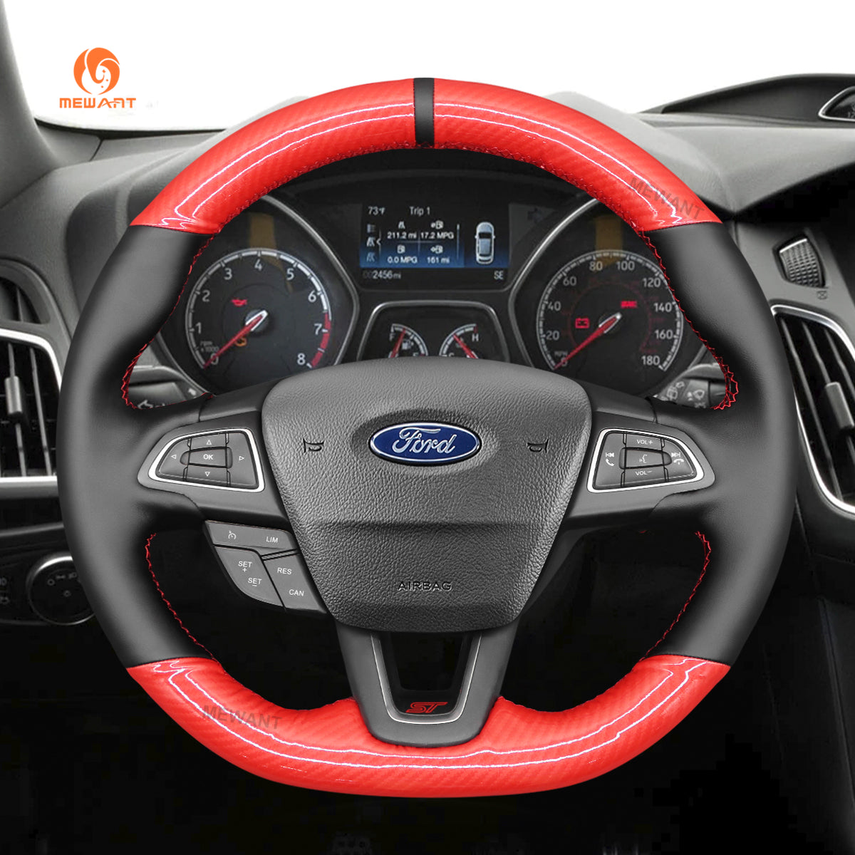MEWANT Hand Stitch Carbon Fiber Leather Suede Car Steering Wheel Cover for  Ford Mustang 2015 2016 2017 2018 2019 2020