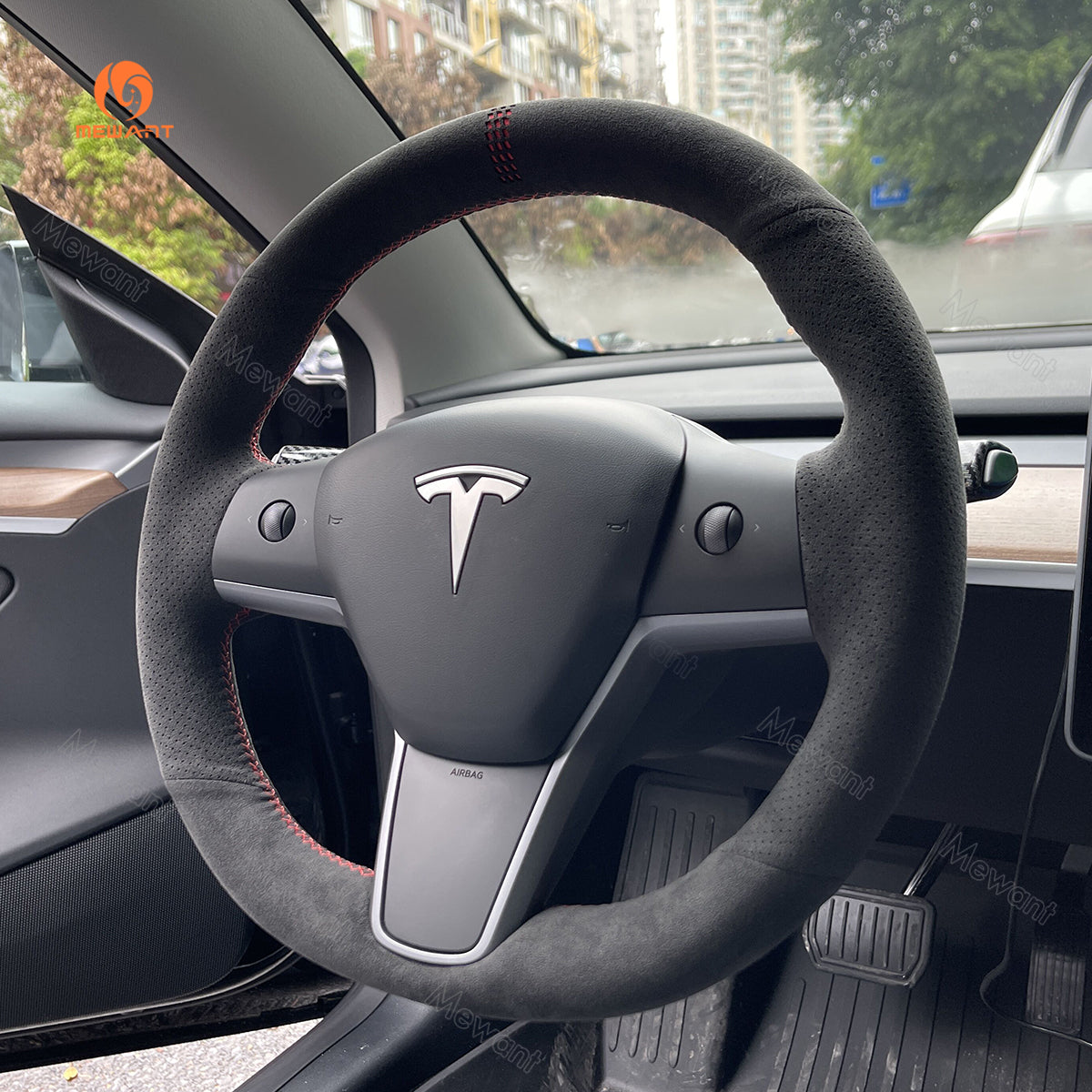 MEWANT Hand Stitch Alcantara Car Steering Wheel Cover for Tesla Model 3 2017-2020 / Model Y 2020-2021