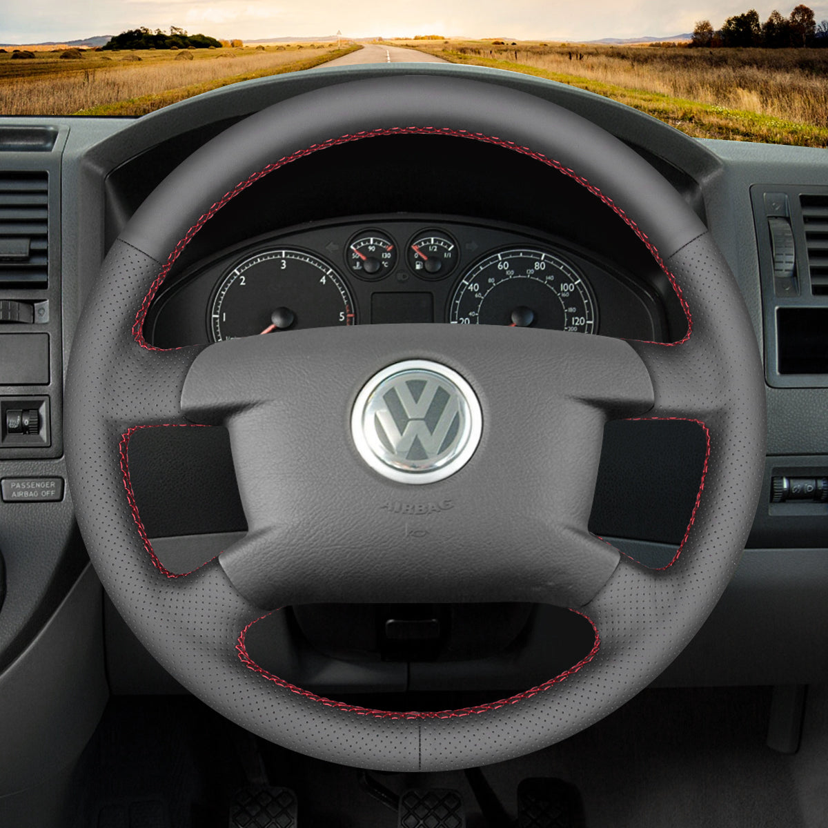 MEWANT Hand Stitch Black Leather Car Steering Wheel Cover for Volkswagen VW Caddy 2003-2006 / Caravelle 2003-2009 / T5 2003-2008