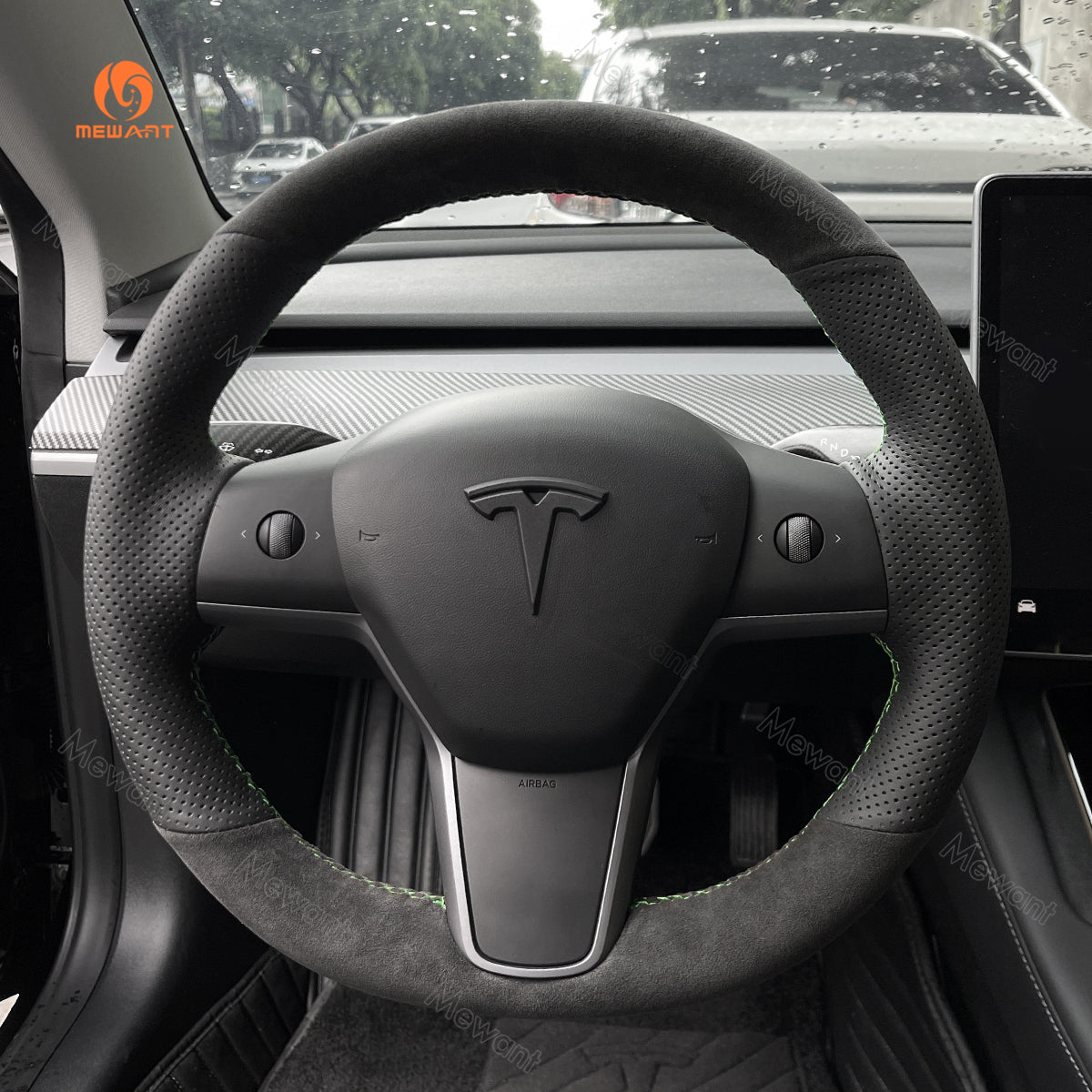 MEWANT Hand Stitch Alcantara Car Steering Wheel Cover for Tesla Model
