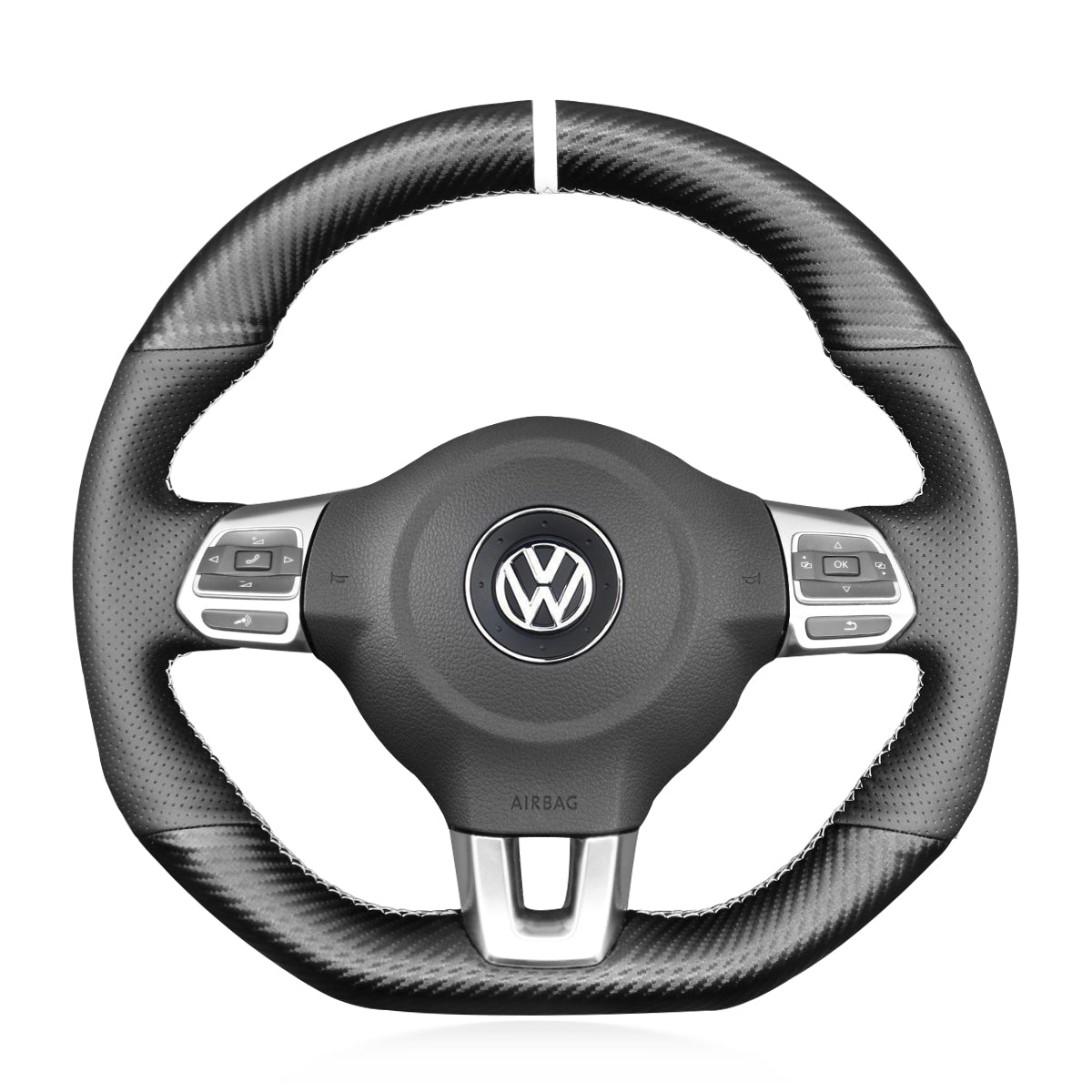 MEWANT Black PU Leather Suede Carbon Fiber Car Steering Wheel Cover for Volkswagen VW Golf 6 Polo GTI Scirocco Tiguan (R-Line)