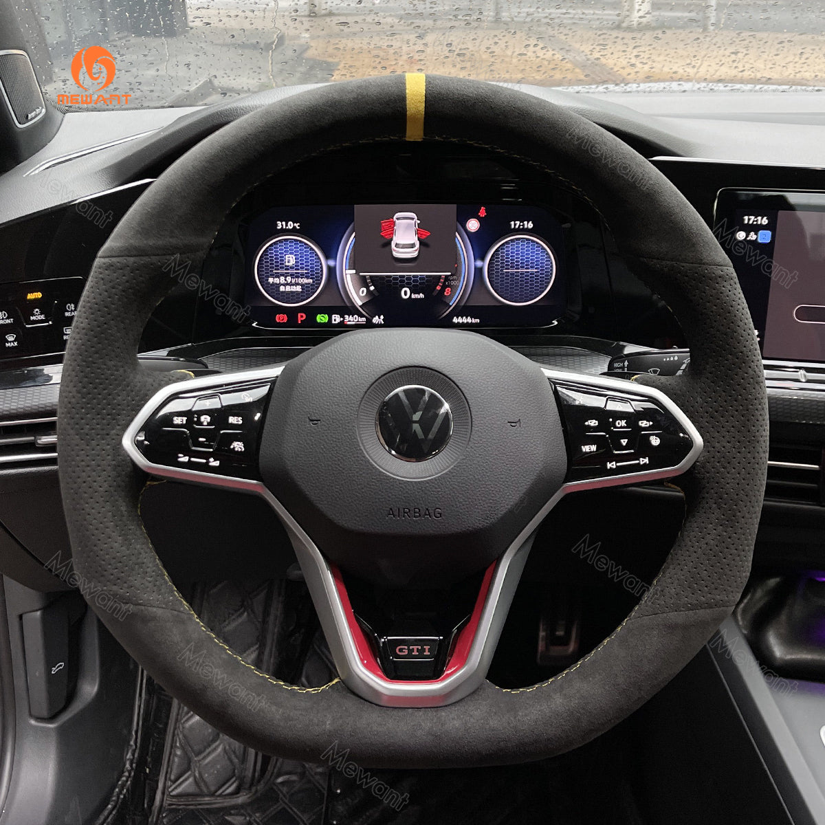 MEWANT Black Leather Suede Carbon Fiber Car Steering Wheel Cover for Volkswagen VW Golf 8 (R-Line) Arteon Tiguan (R-Line) Touareg (R-Line)
