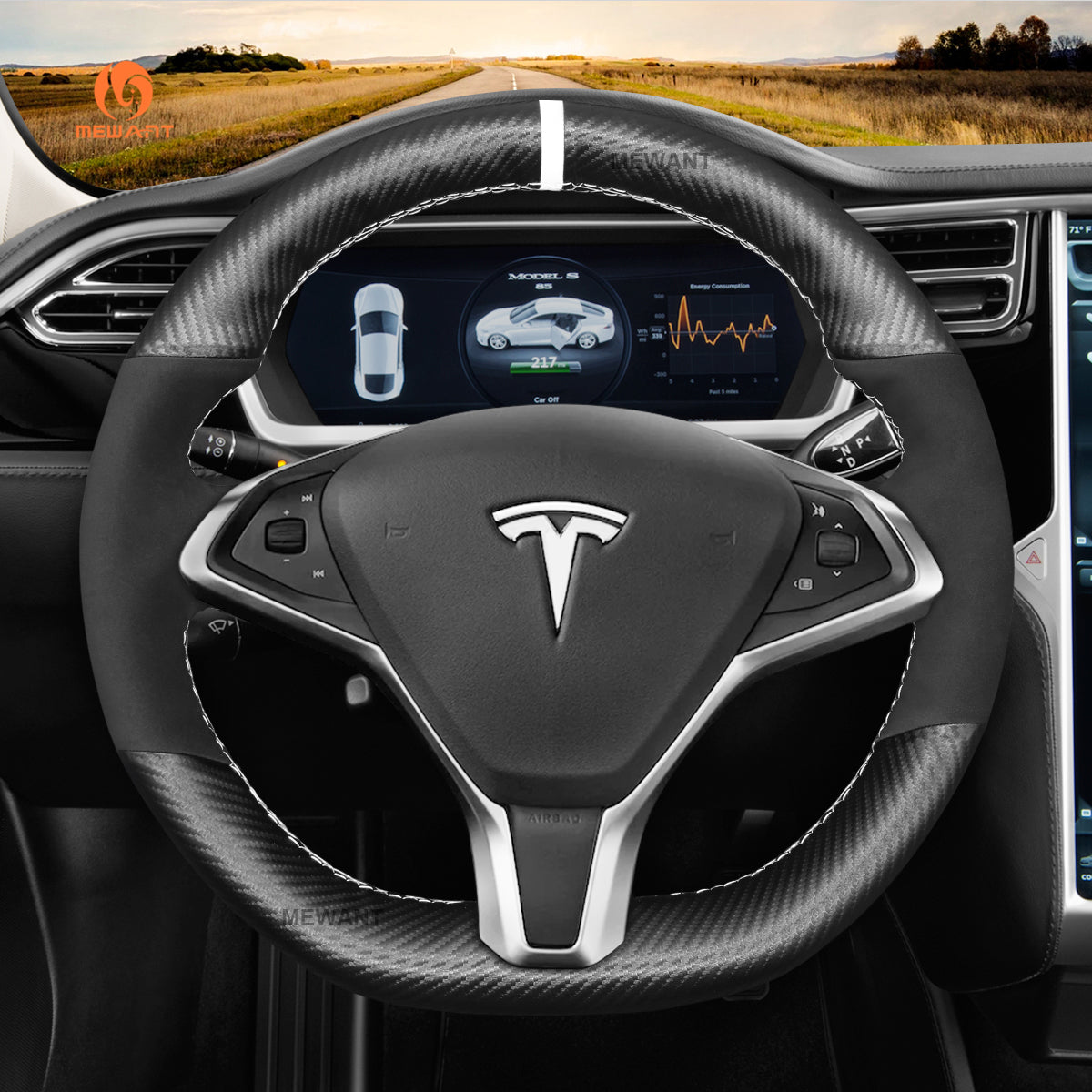 MEWANT Hand Stitch Black Matte Carbon Fiber Suede or Leather Car Steering Wheel Cover for Tesla Model S 2012-2021 / Model X 2016-2020