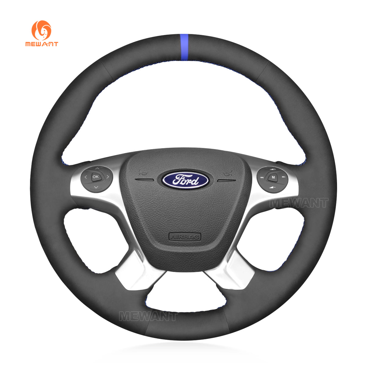 MEWANT Hand Stitch Black Leather Suede Car Steering Wheel Cover for Ford Transit (Connect) Transit (Custom) Tourneo (Connect) Tourneo (Custom) Grand Tourneo (Connect)