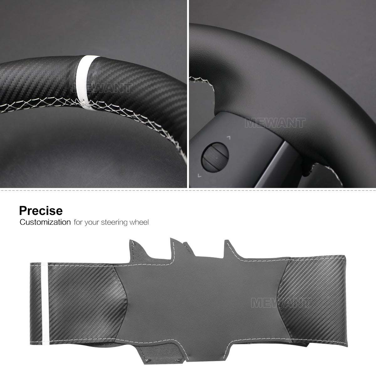 MEWANT Carbon Fiber Leather Car Steering Wheel Cover for Tesla Model 3 2017-2020 / Model Y 2020-2021