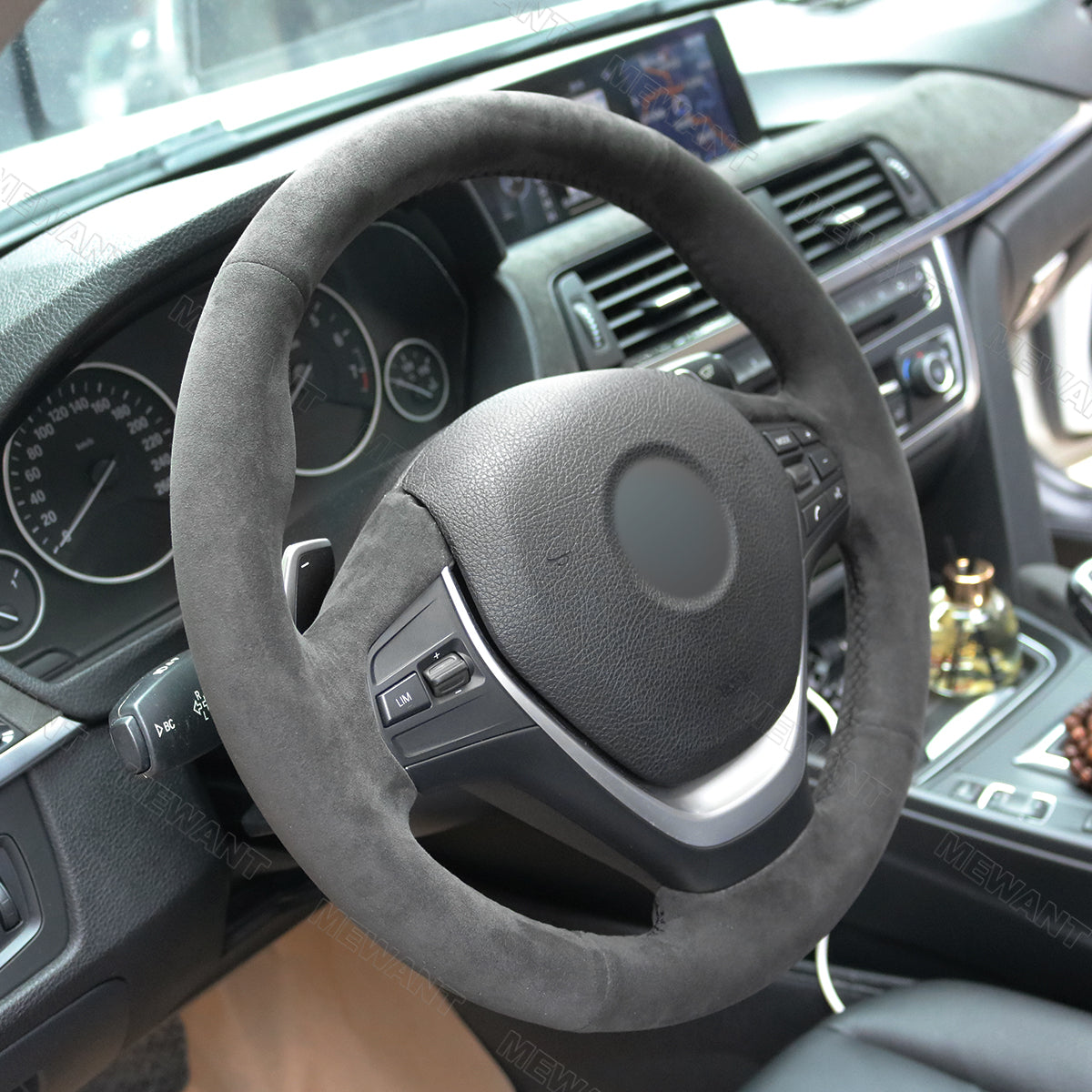 MEWANT Dark Grey Alcantara Car Steering Wheel Cover for BMW 3