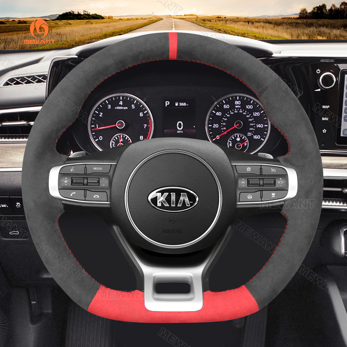 MEWANT Dark Grey Red Alcantara Car Steering Wheel Cover for Kia Optim / Kia K5 GT GT-Line Sedan 2021-2022