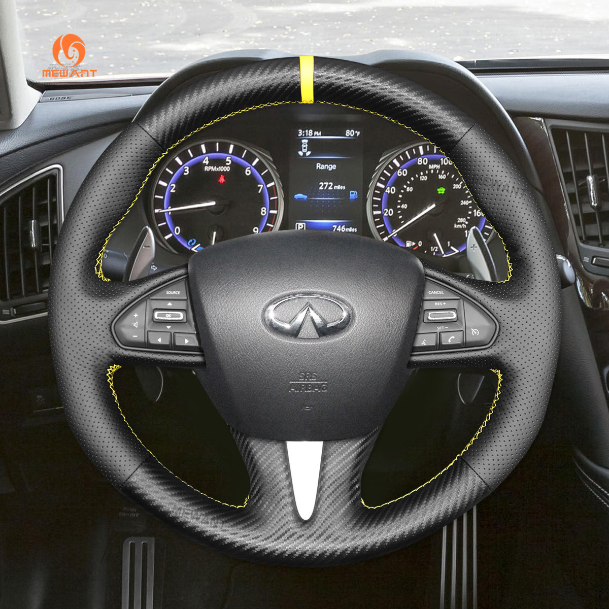 MEWANT Carbon Fiber Leather Car Steering Wheel Cover for Infiniti Q50 2014-2017 / QX50 2015-2017