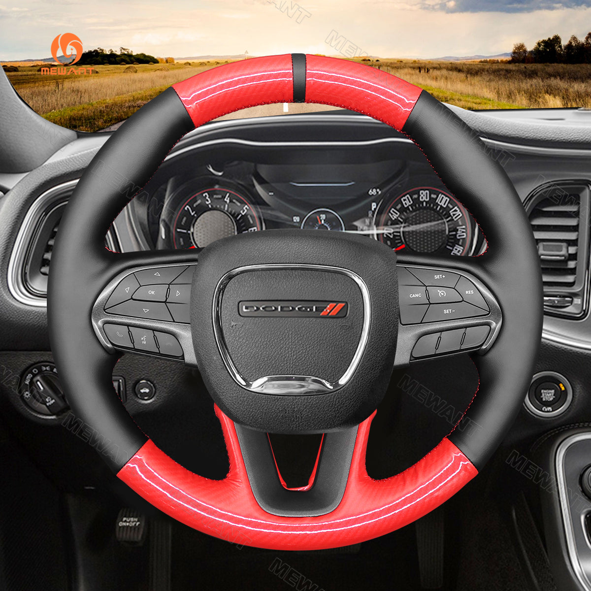 MEWANT Red Glossy Carbon Fiber Black PU Leather Car Steering Wheel Cover for Dodge Challenger Charger Durango 2018-2021