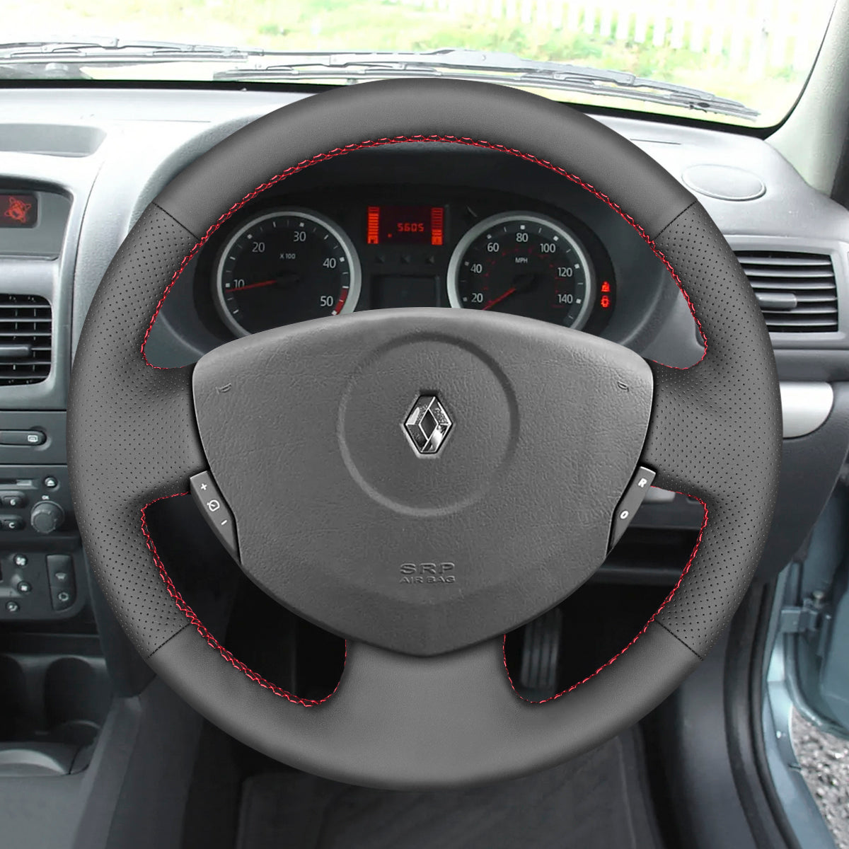 MEWANT Hand Stitch Black Leather Car Steering Wheel Cover for Renault Clio Twingo / for Dacia Sandero