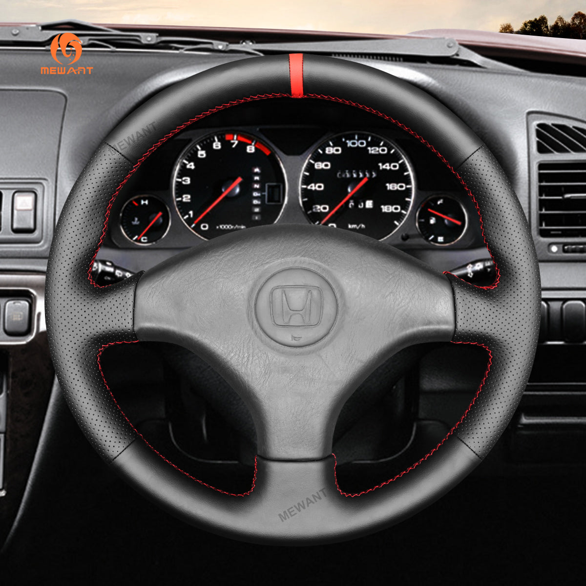 MEWANT Black Leather Car Steering Wheel Cover for Honda Civic 6 / Civic EK CTR EK3 EK4 / Civic Type R Sir EK9 1996–2000