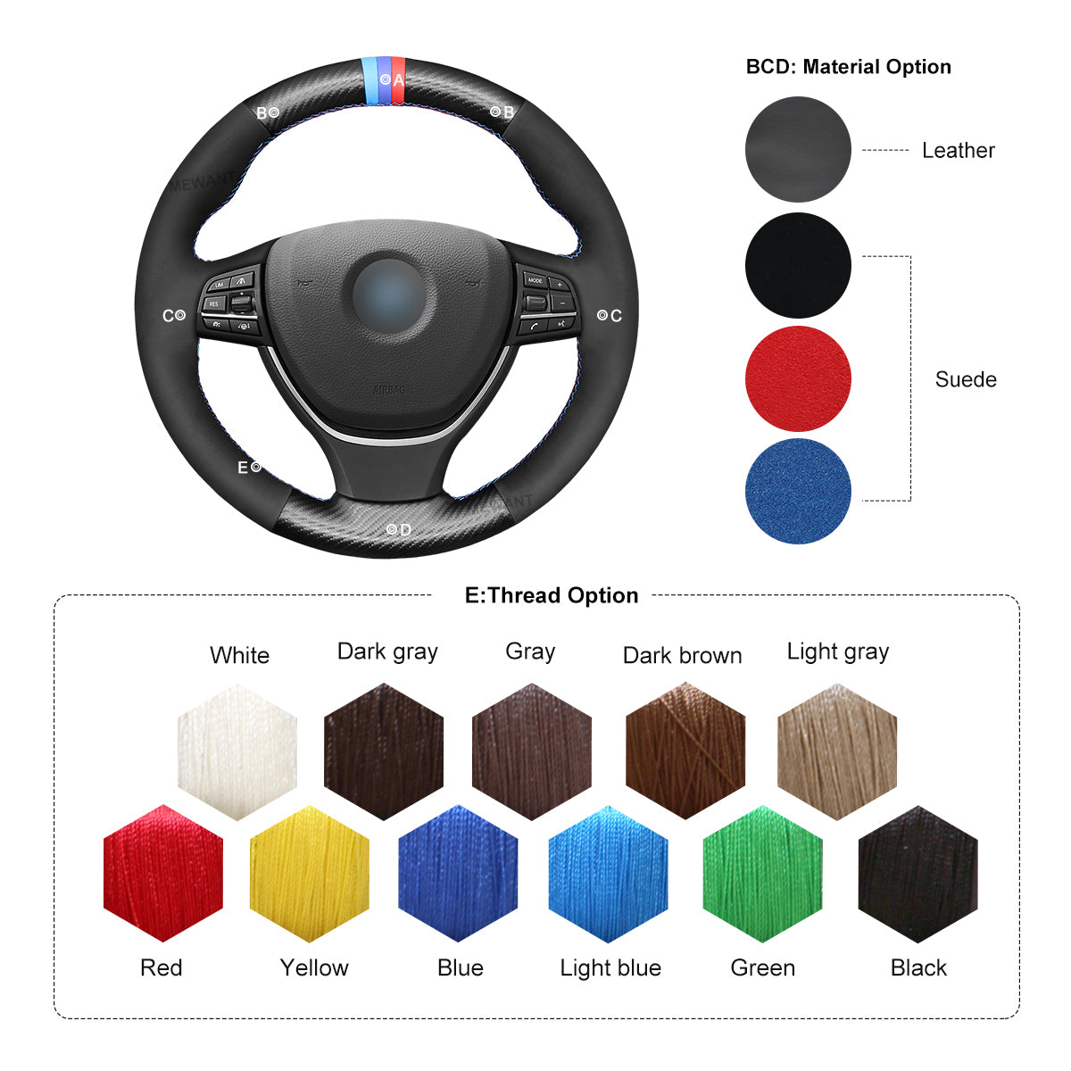 MEWANT Leather Suede Carbon Fiber Car Steering Wheel Cover for BMW 5 Series F10 F11 (Touring) F07 (GT) 6 SeriesF12 F13 F06 7 Series F01 F02