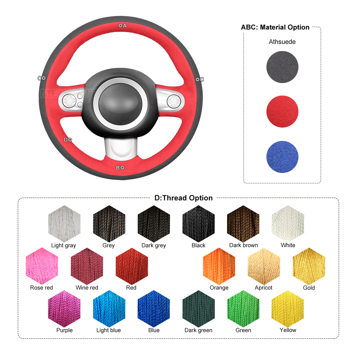 Car steering wheel cover for Mini(Hatchback/Mini R56/R57) 2006-2013 / Clubman 2007-2014 / Clubvan 2012-2014 / Convertible 2009-2015 / Countryman 2010-2015 / Coupe 2010-2016 / Paceman 2012-2017 / Roadster 2012-2015 (3-Spoke)