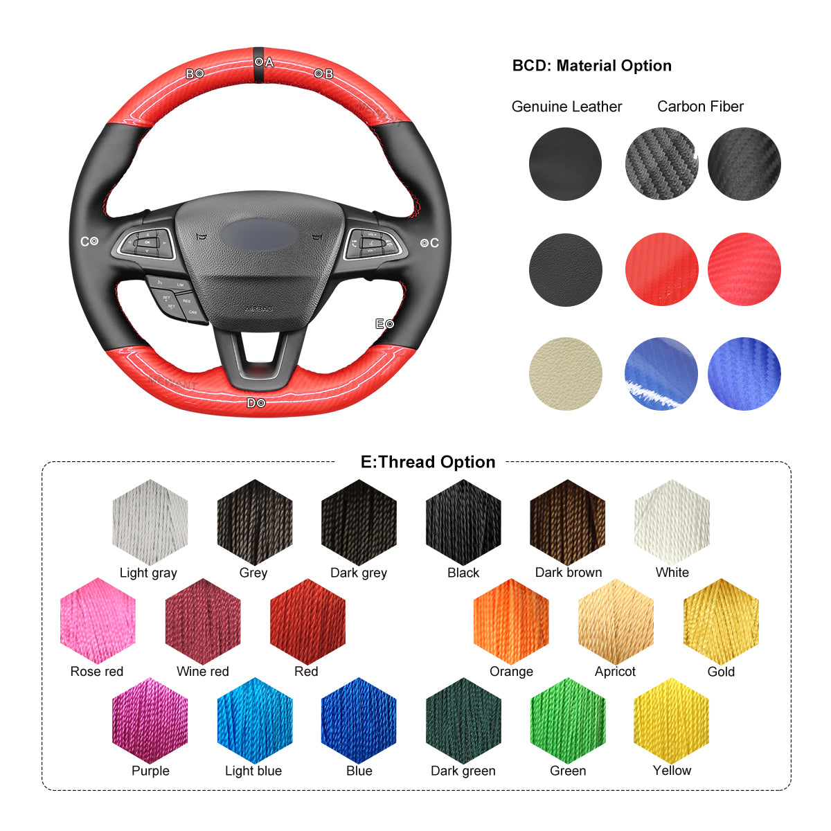 MEWANT Hand Stitch Sewing Black Leather Suede Carbon Fiber Car Steering Wheel Cover for Ford Focus (RS | ST | ST-Line)  Kuga (ST-Line) Ecosport (ST-Line)