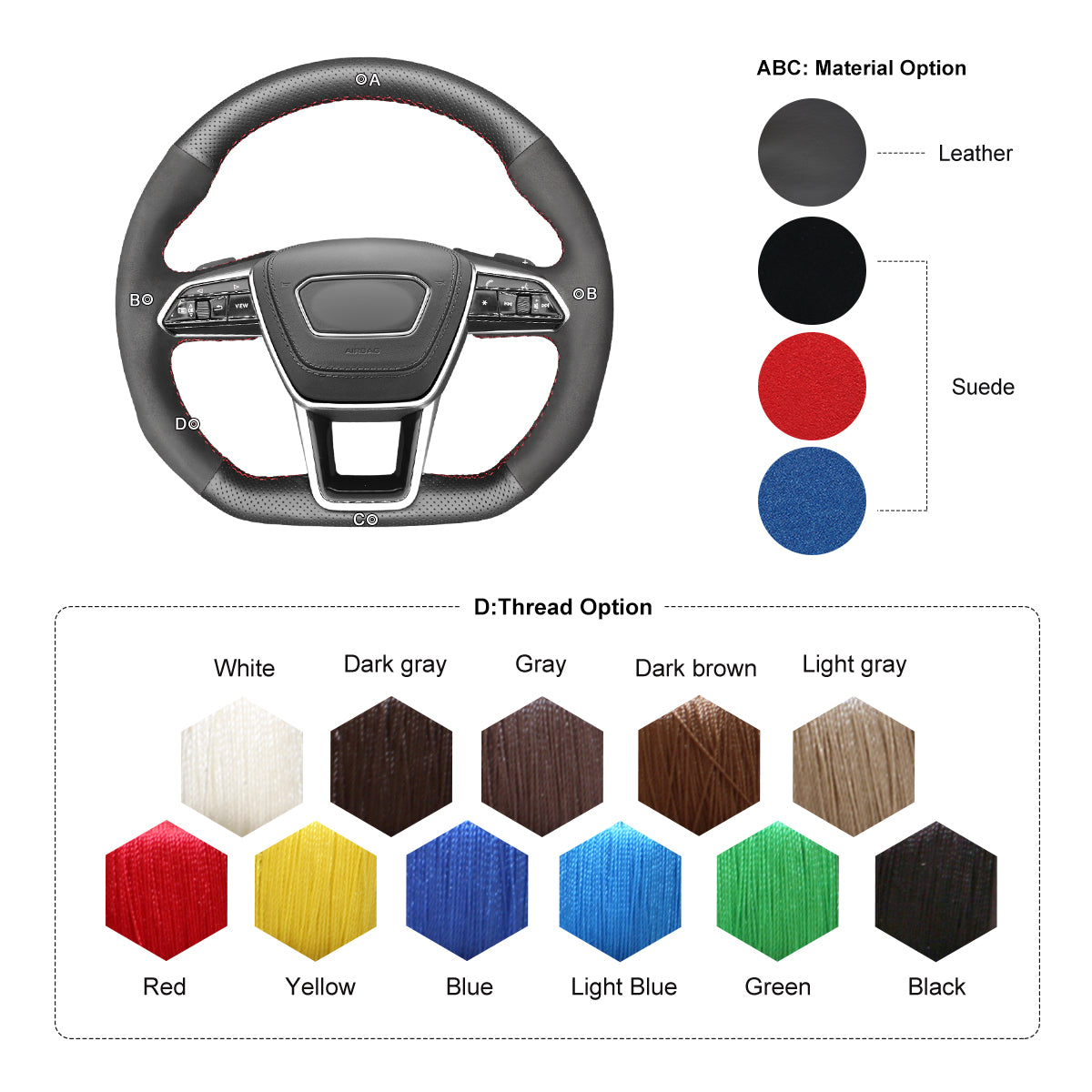 Car steering wheel cover for Audi A6 (C8) Saloon 2018-2019 / A6 Avant 2018-2019 / A6 Allroad 2019/ A7 (K8) Sportback (Coupe) 2018-2019/ S6 (C8) Saloon 2019 / S6 Avant 2019/ S7 (K8) Sportback (Coupe) 2019